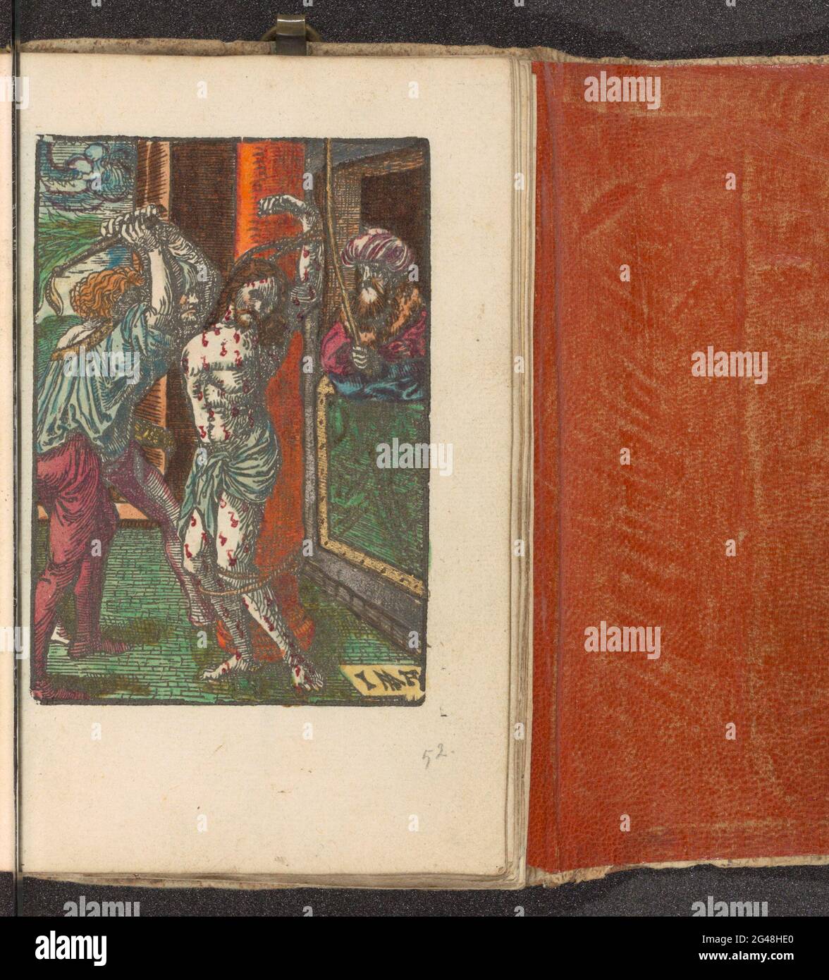 La flagellation, la petite passion, la passion stupide. Christ est valide et est lié à une colonne. Pilate regarde. L'impression fait partie d'un livre. Banque D'Images