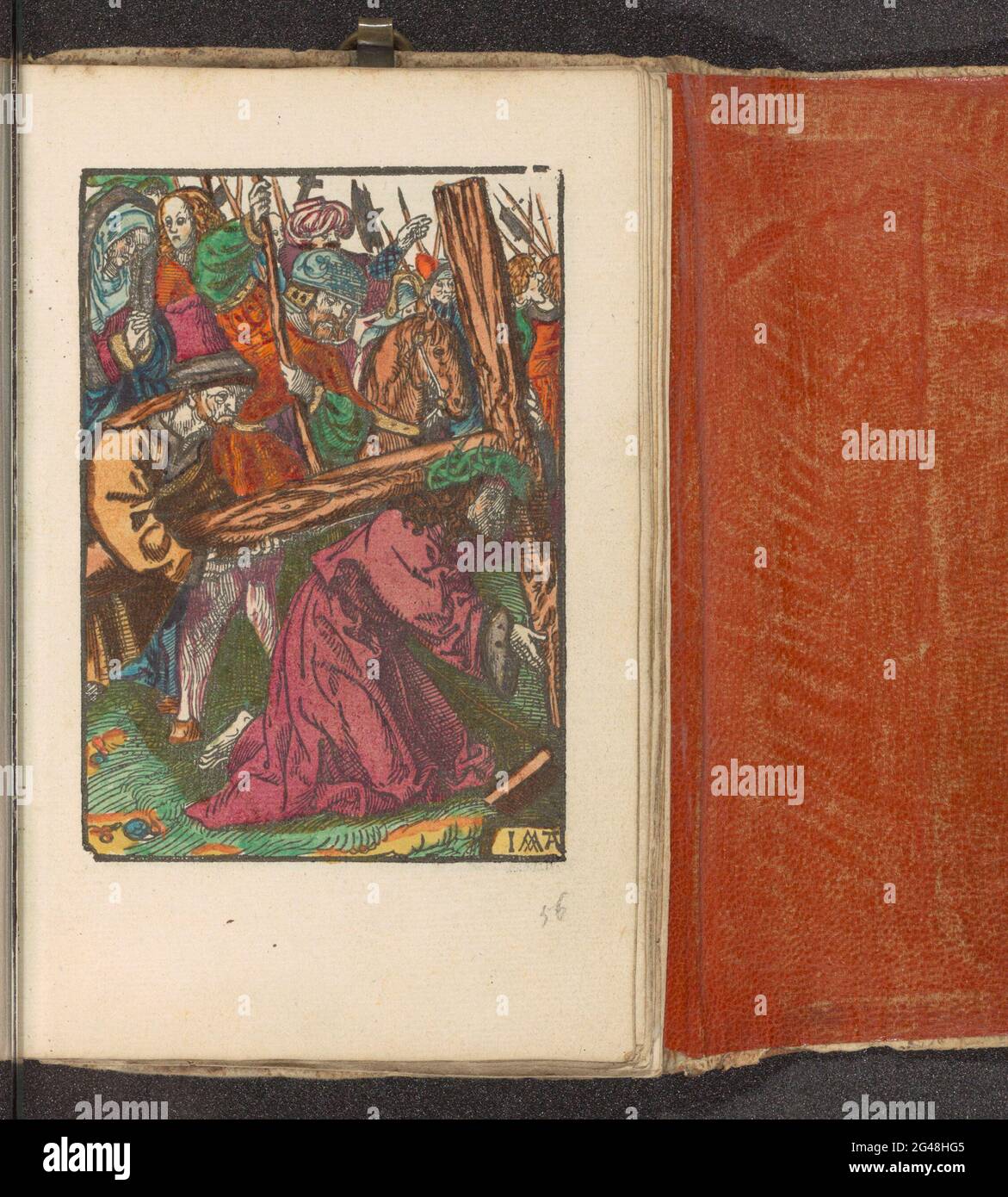 Crossbreak; la petite passion; la passion stupide. Christ porte la croix. Simon van Syrene l'aide à porter la croix. L'impression fait partie d'un livre. Banque D'Images