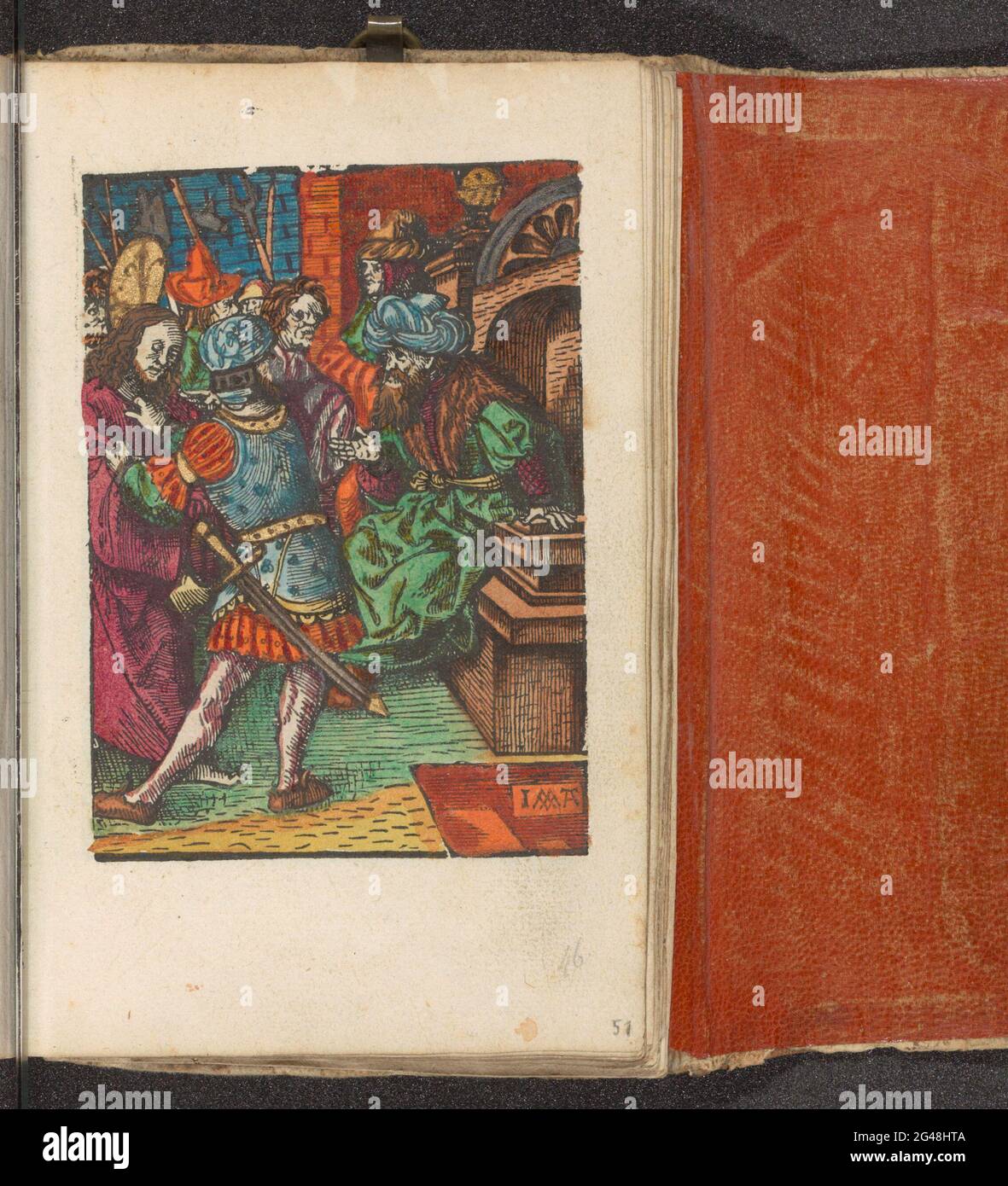 Christ pour Pilate; la petite passion; la passion stupide. Le Christ est amené à Pilate, qui porte un turban et qui est sur son trône. Un soldat tient Christ. L'impression fait partie d'un livre. Banque D'Images