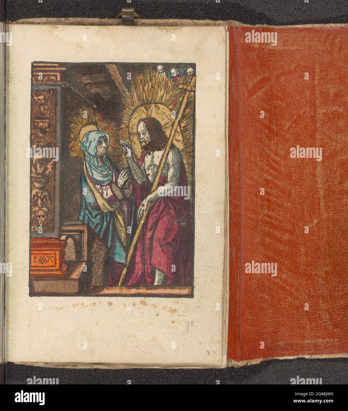 Christ apparaît à sa mère Marie, la petite passion, la passion stupide. Le Christ ressuscité apparaît à sa mère Marie. L'impression fait partie d'un livre. Banque D'Images