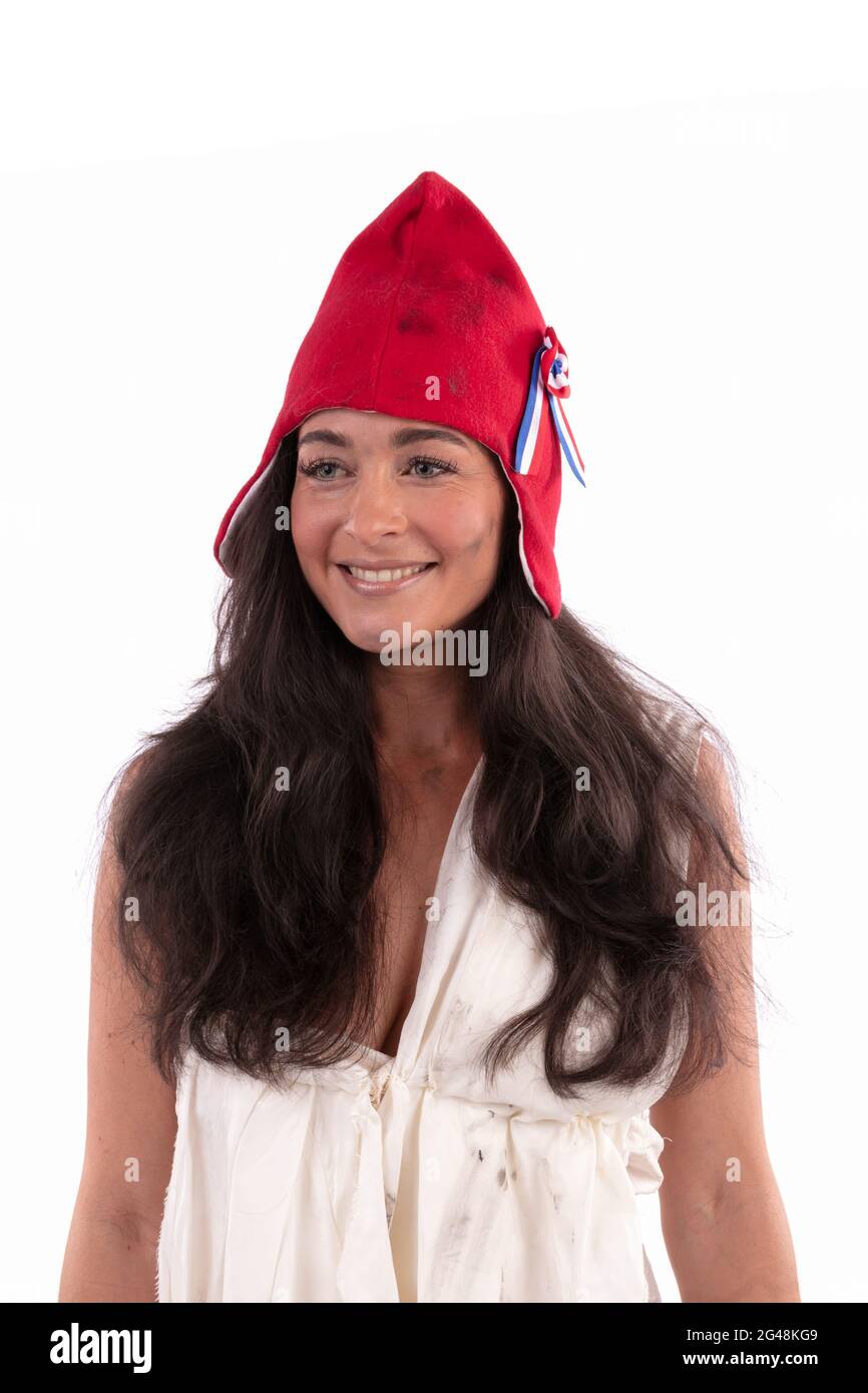 Marianne française avec un chapeau de phrygien sur fond blanc Photo Stock -  Alamy