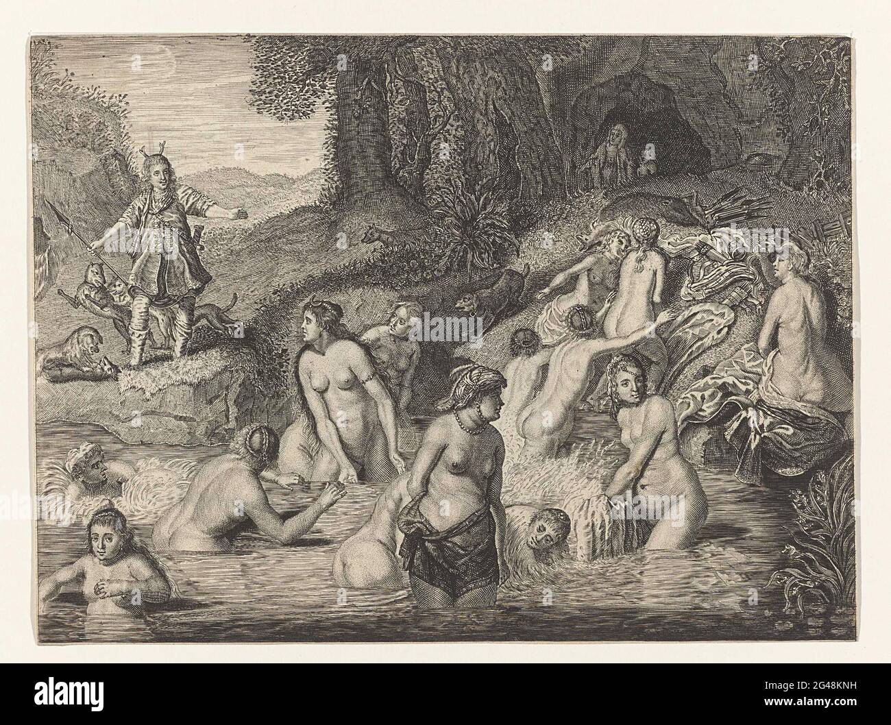 Diana change d'actaéon chez un cerf; métamorphoses d'Ovid. Le prince Actaeon découvre la grotte de Diana et ses nymphes pendant la chasse, qui se bain à ce moment-là. Diana le change ensuite pour la punition d'un cerf, après quoi il est attaqué par ses propres chiens. Banque D'Images