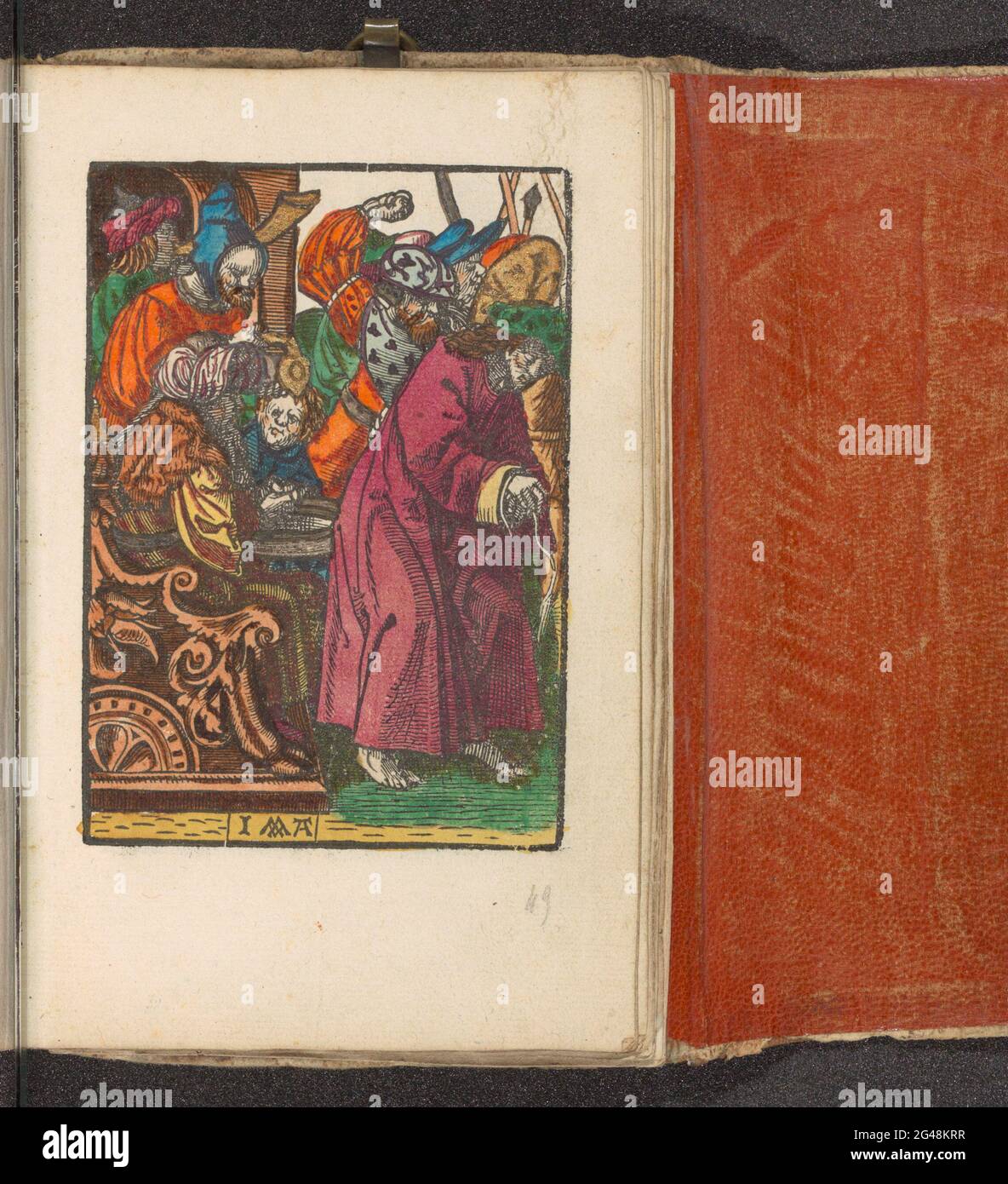 Pilate se lave les mains dans l'innocence, la petite passion, la passion stupide. Pilate se lave les mains dans l'innocence. Christ est conduit loin. L'impression fait partie d'un livre. Banque D'Images