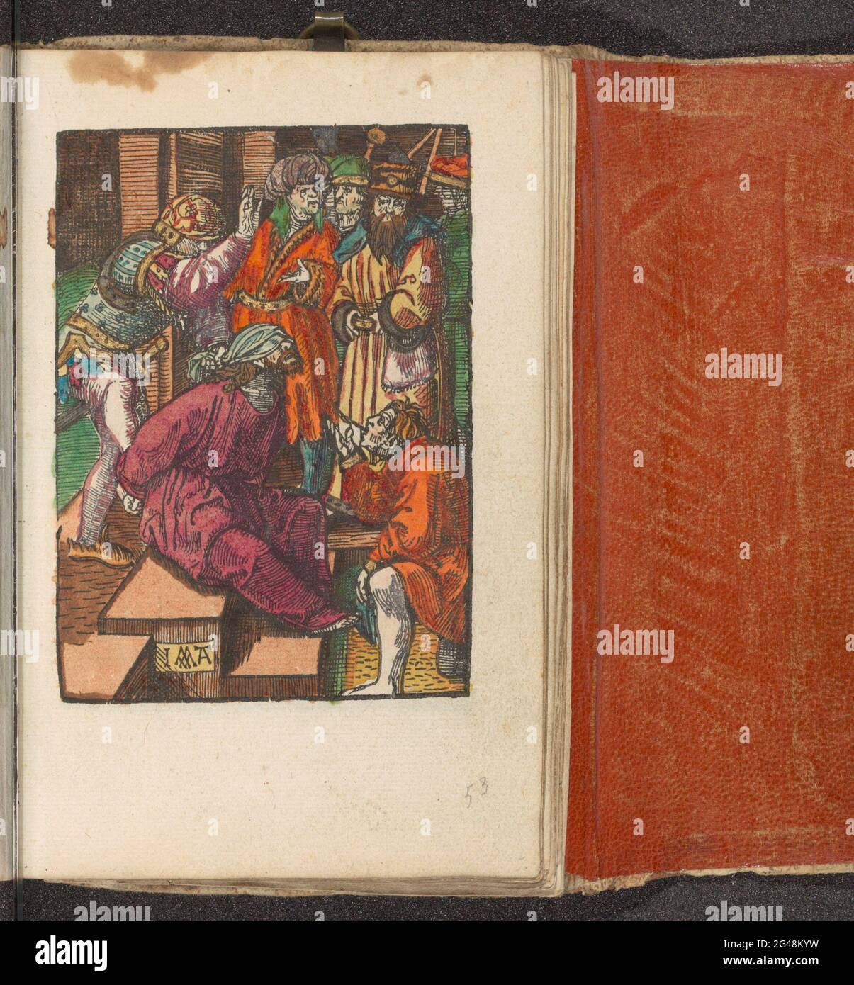 Émouvant; la petite passion; la passion stupide. Le Christ est bandé les yeux et avec les mains liées sur le sol. Un homme le bat, une autre broche dans son visage. L'impression fait partie d'un livre. Banque D'Images