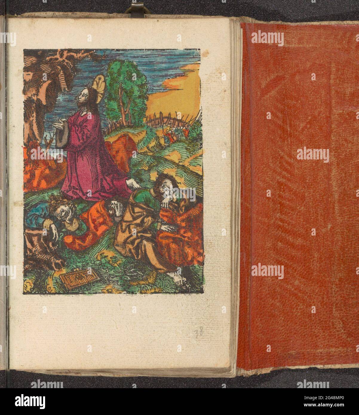 Le Christ dans la cour de Getemane; la petite passion; la passion stupide. Le Christ prie dans la cour de Getemane. Ses élèves Petrus, John et Andreas se sont endormis. L'impression fait partie d'un livre. Banque D'Images