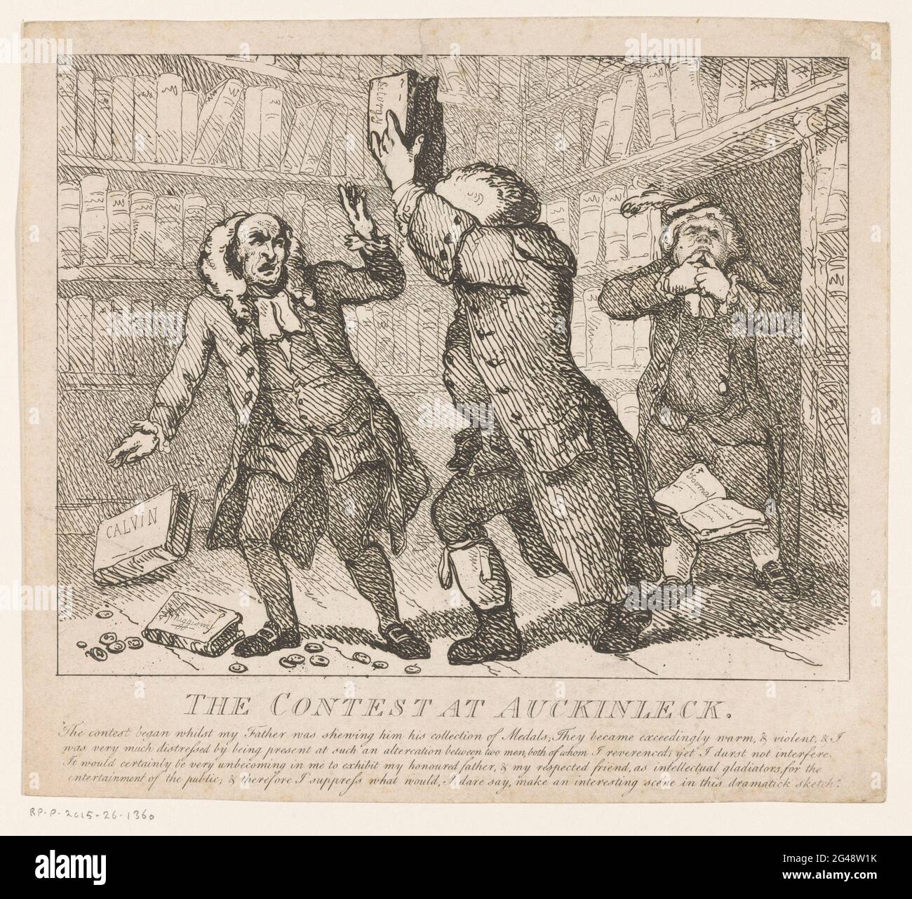 Querelle dans une bibliothèque à Auchinleck; le Concours à Auckinleck; le voyage de Boswell dans les Hébrides; les beautés pittoresques ou boswell. Partie la seconde. Intérieur d'une bibliothèque. Samuel Johnson fréquente Alexander Boswell, Lord Auchinleck avec un livre. Son fils, James Boswell regarde la querelle depuis la porte, piquant sur ses pouces. Banque D'Images