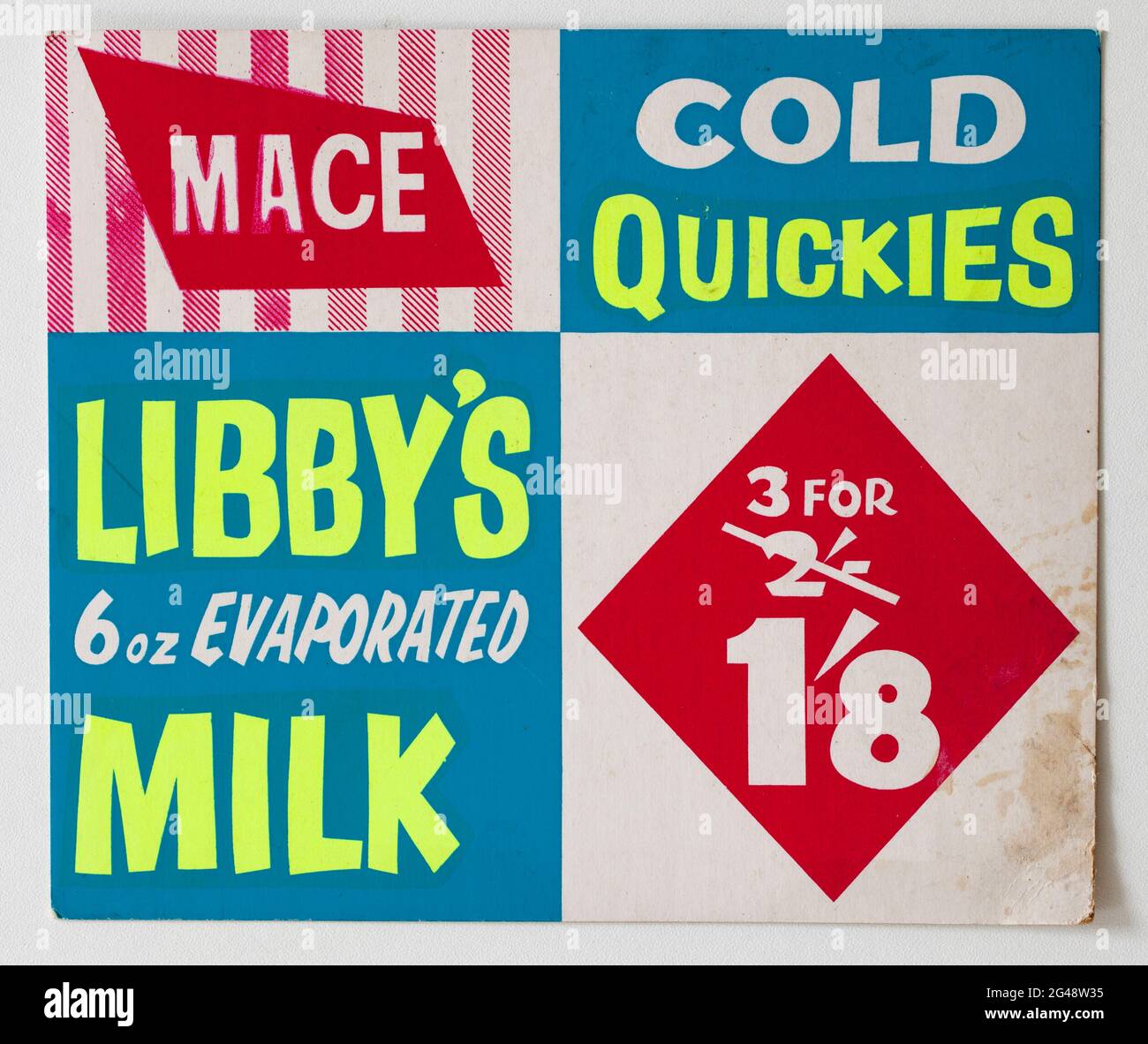 Carte d'affichage des prix de vente vintage des années 1960 - lait évaporé Libbys Banque D'Images