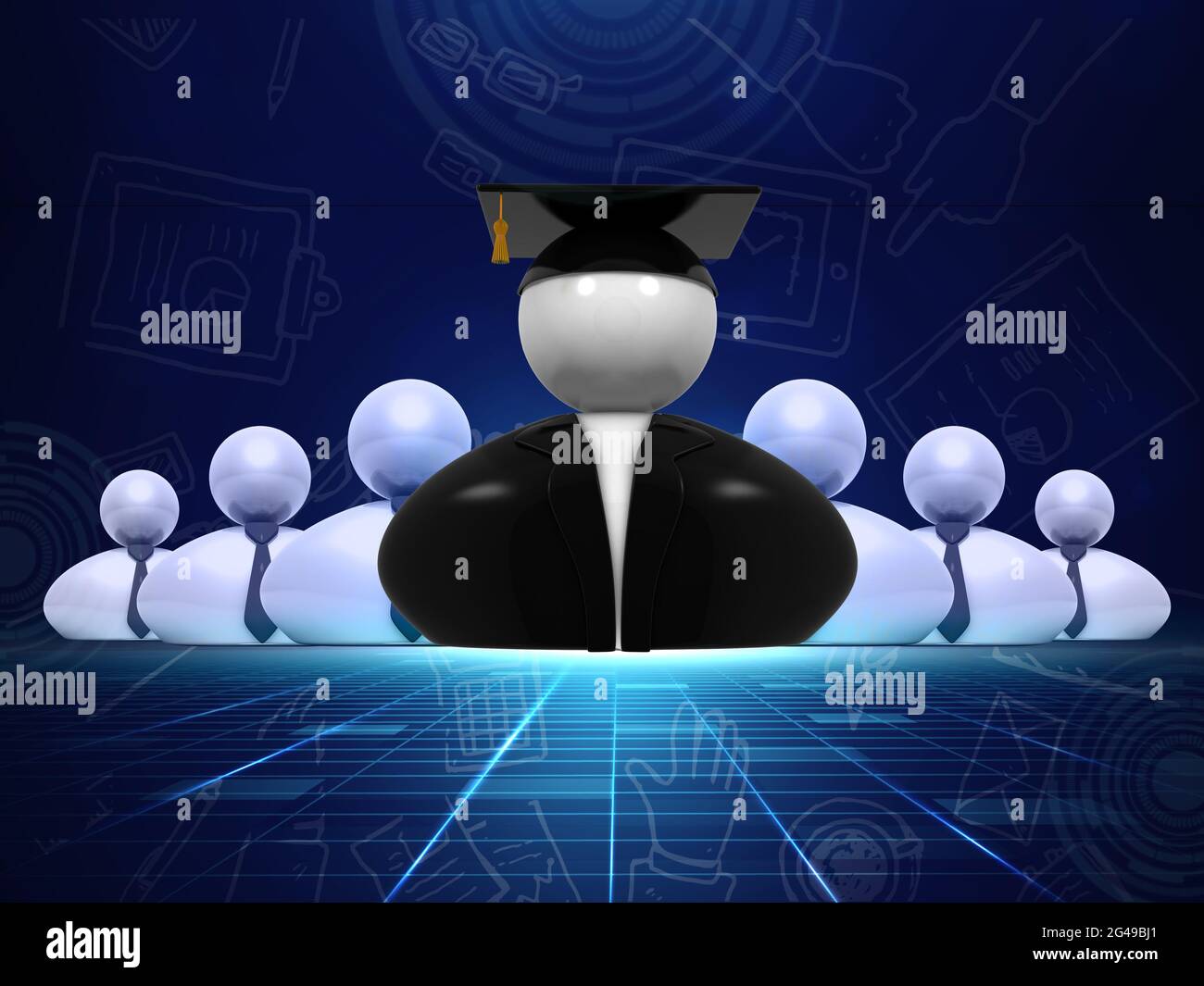 Une illustration 3D du concept de l'enseignement supérieur avec des lignes de grille de haute technologie bleues Banque D'Images