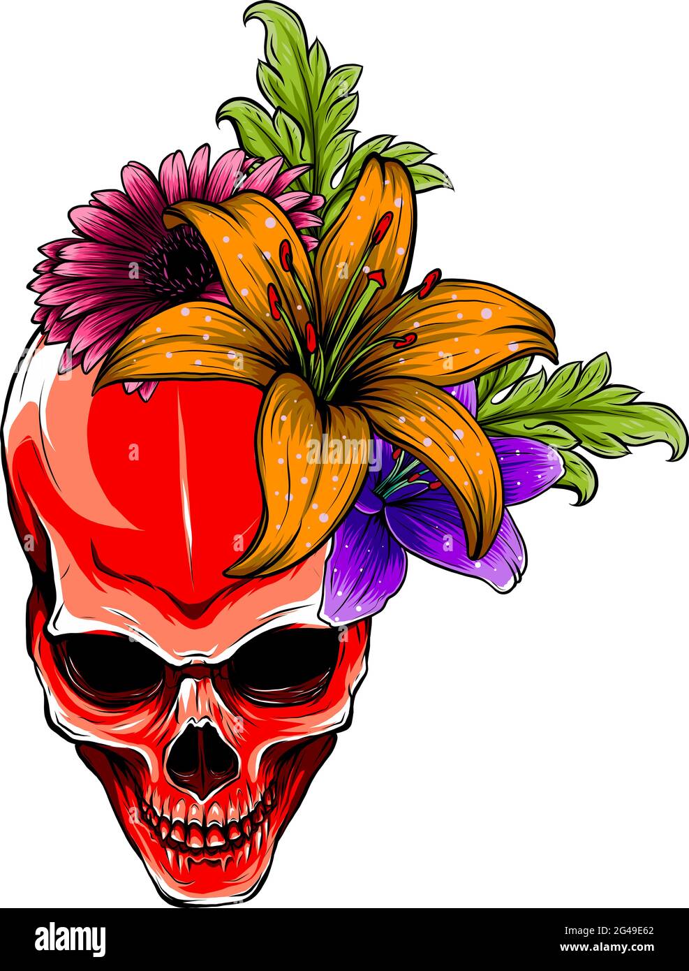Motif illustration de la tête de mort humaine et des fleurs vectorielles Illustration de Vecteur