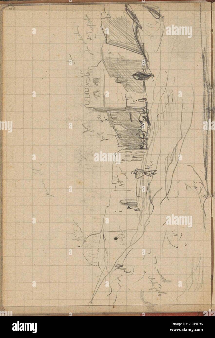Paysage urbain avec des personnages. Page 108 d'un carnet de croquis avec 67 feuilles. Banque D'Images