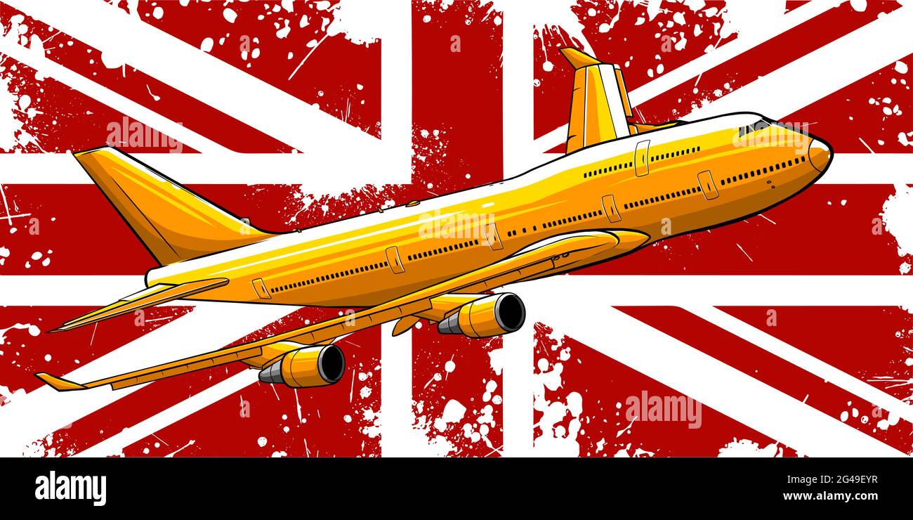 Illustration vectorielle d'un avion de passagers survolant le drapeau de la Grande-Bretagne. Illustration de Vecteur