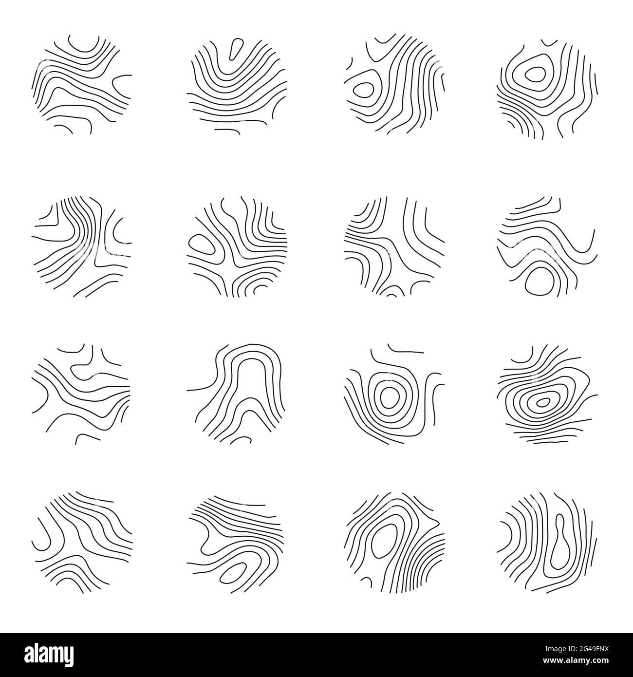 Jeu d'icônes rondes avec carte topographique en lignes, carte circulaire avec grille géographique.r2 Illustration de Vecteur