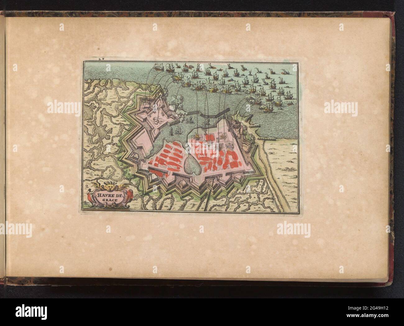 Bombardement du Havre, 1694; Havre de Grace. Bombardement du site portuaire français le Havre, probablement par la flotte anglaise et néerlandaise, juillet 1694. Partie d'un atlas avec 223 cartes des pays et des villes et stationnement de guerre en Europe dans la période ca. 1690-1735. Banque D'Images