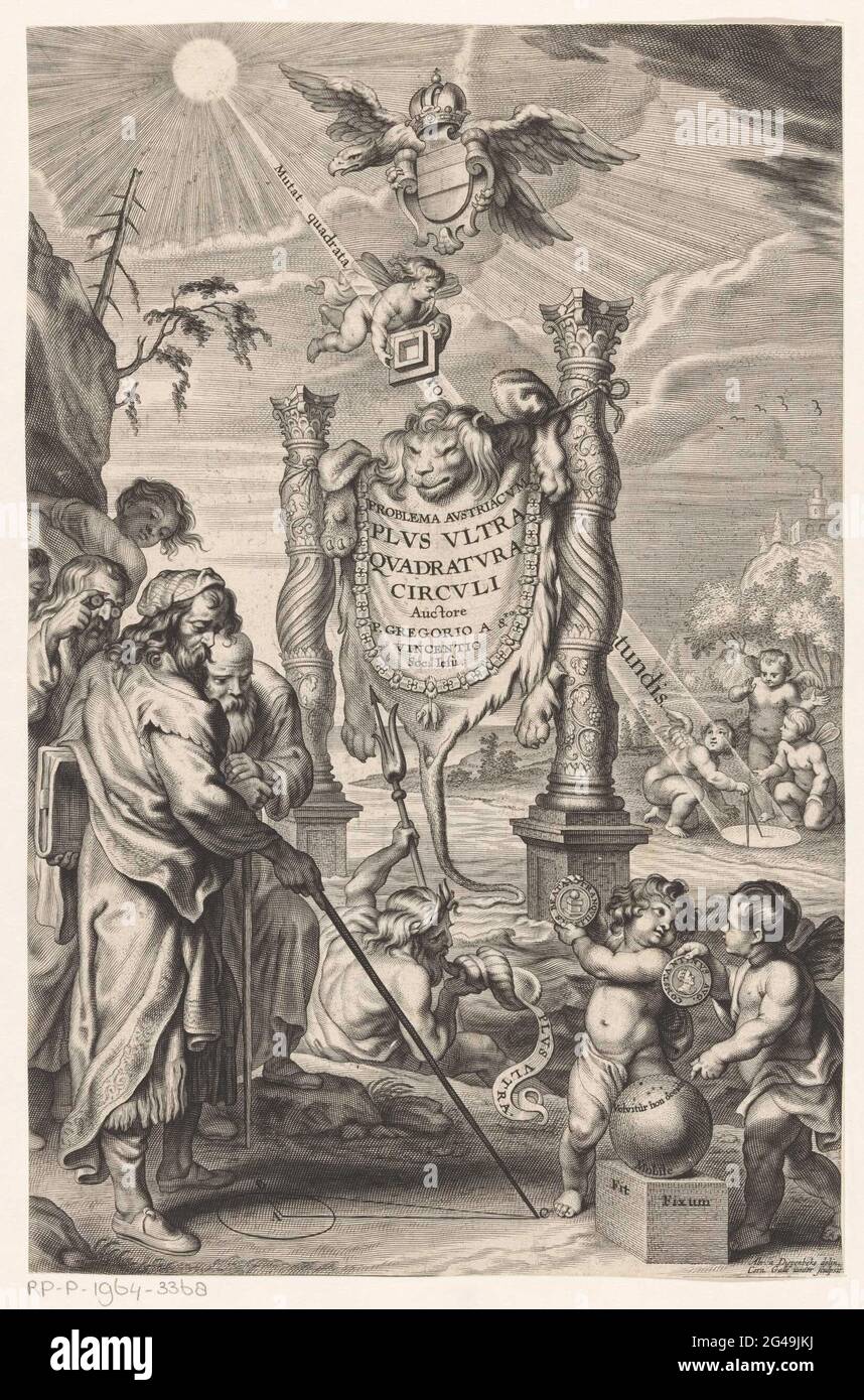 Mathématicien et putti; page de titre pour: Gregory à Sancto Vincentio, Problema Austriacum plus Ultra Quadratura Circuli, 1647. Une peau de lion est tendue avec le titre du livre entre deux colonnes. Un homme signe un cercle et un triangle dans le sable avec un bâton. Deux hommes regardent derrière lui. Droit deux putti qui montrent des médailles, derrière trois putti qui dessine un cercle avec un passant. Banque D'Images