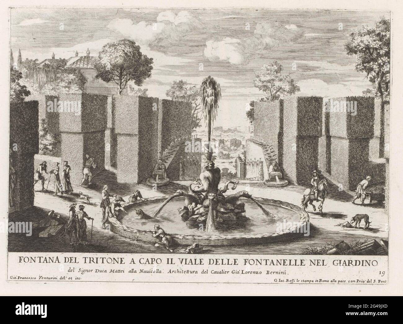 Fontaine avec Triton dans les jardins de la Villa Celimontana à Rome; Fontana del Tritone a Capo il Viale della Fontanelle Nel Giardino (...); le Fontane ne Palazze E ne Giardini di Roma; Fontaines dans les palais et jardins de Rome. Numéroté en bas à droite : 19. L'impression fait partie d'un album. Banque D'Images