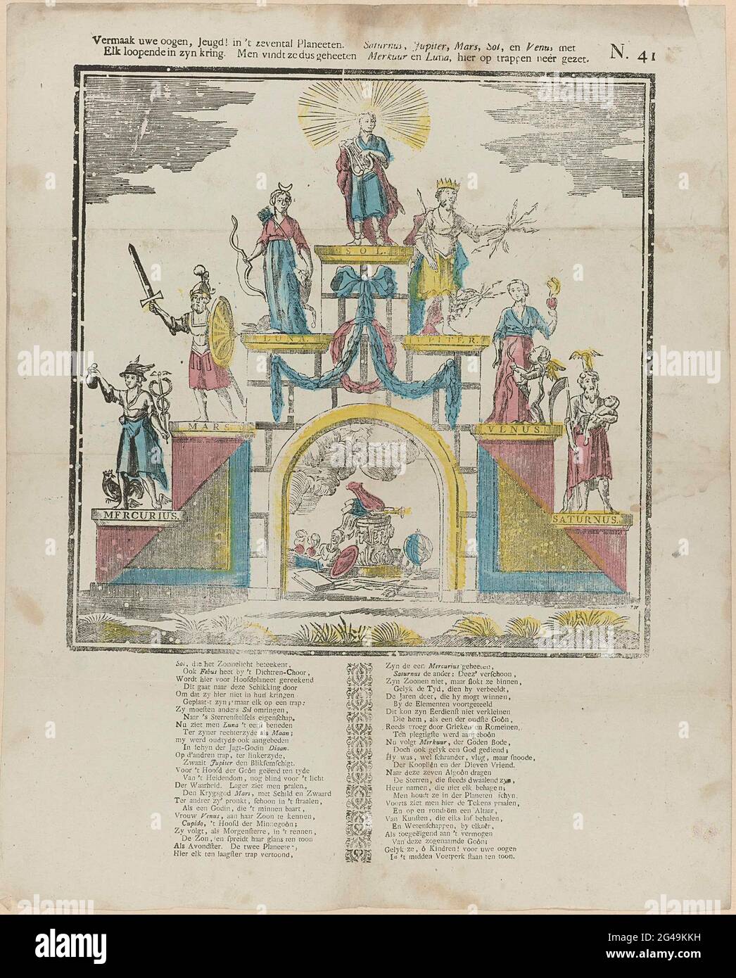 Divertissez-vous les yeux, les jeunes! dans sept planètes. / chaque course dans son cercle. Ils le trouvent donc (...)]. Feuille avec une grande représentation d'un escalier avec sept corps célestes : Marcuius, Mars, Luna, sol, Jupiter, Vénus et Saturne. Sous les escaliers un arc avec une représentation des attributs symboliques, y compris une harpe et un livre. Sous la, affichez un verset dans deux colonnes. Numéro en haut à droite : N. 41. Banque D'Images