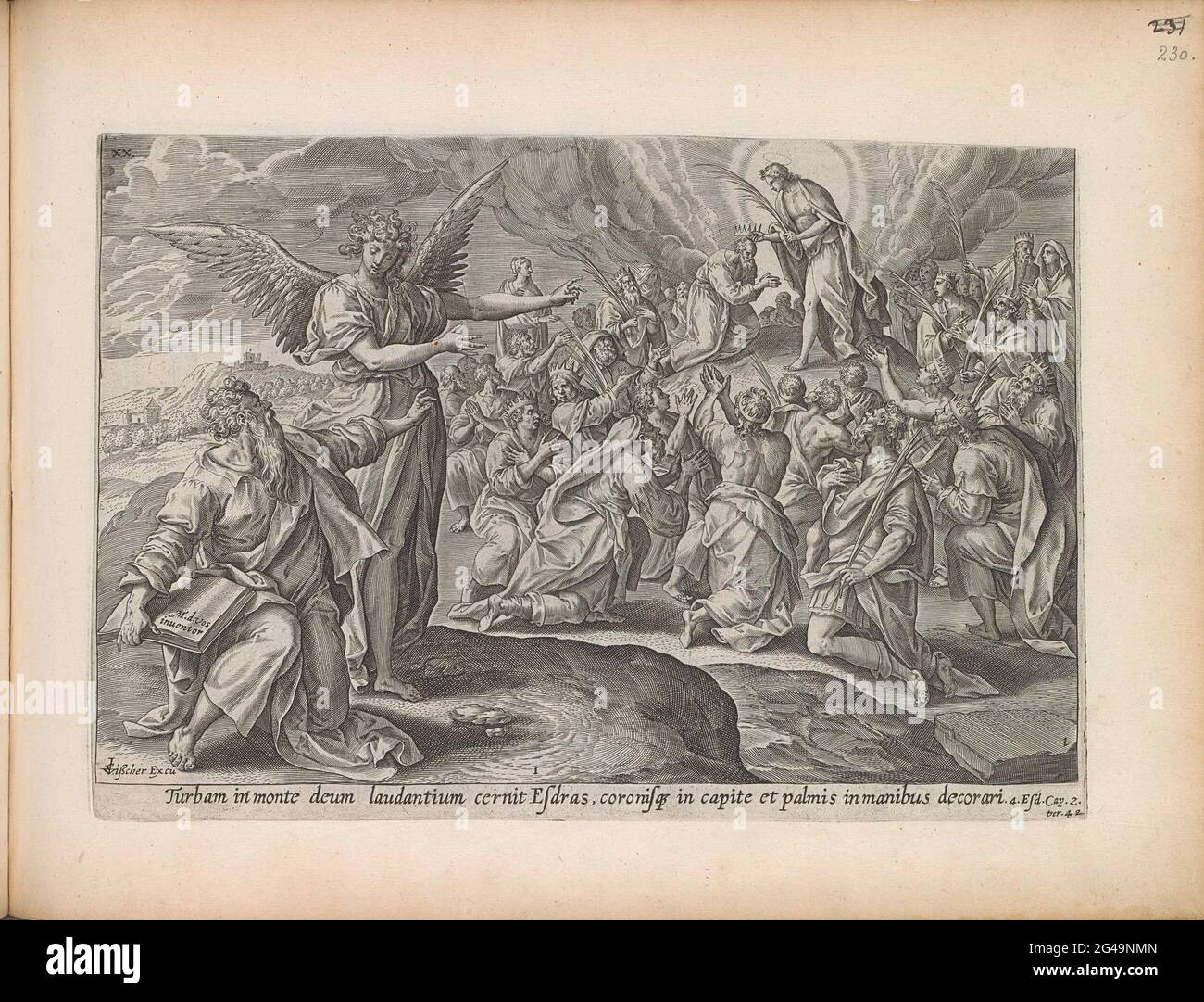 Première vision d'Ezra: Le fils de Dieu couronne la foule; visions d'Ezra; Theatrum Biblicum hoc est Historiae Sacrae Veteris et Novi Testamenti Tabulis Aeneis Expressae. Ezra est au premier plan sur la droite et est pointé vers une vision par un ange. Ezra voit le fils de Dieu sur la montagne Sion, que le peuple couronne et leurs branches de palmier. Sous le show une référence en latin au texte de la Bible Apocryphe dans 4 Ezra 2:42. Cette impression fait partie d'un album. Banque D'Images