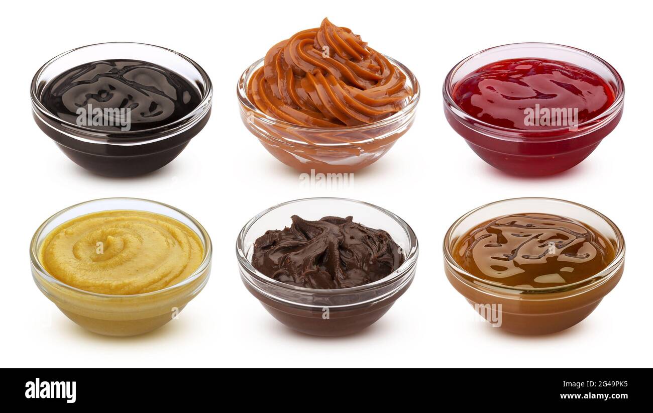 Collection de sauces sucrées, confitures de fruits, chocolat et crèmes au caramel Banque D'Images