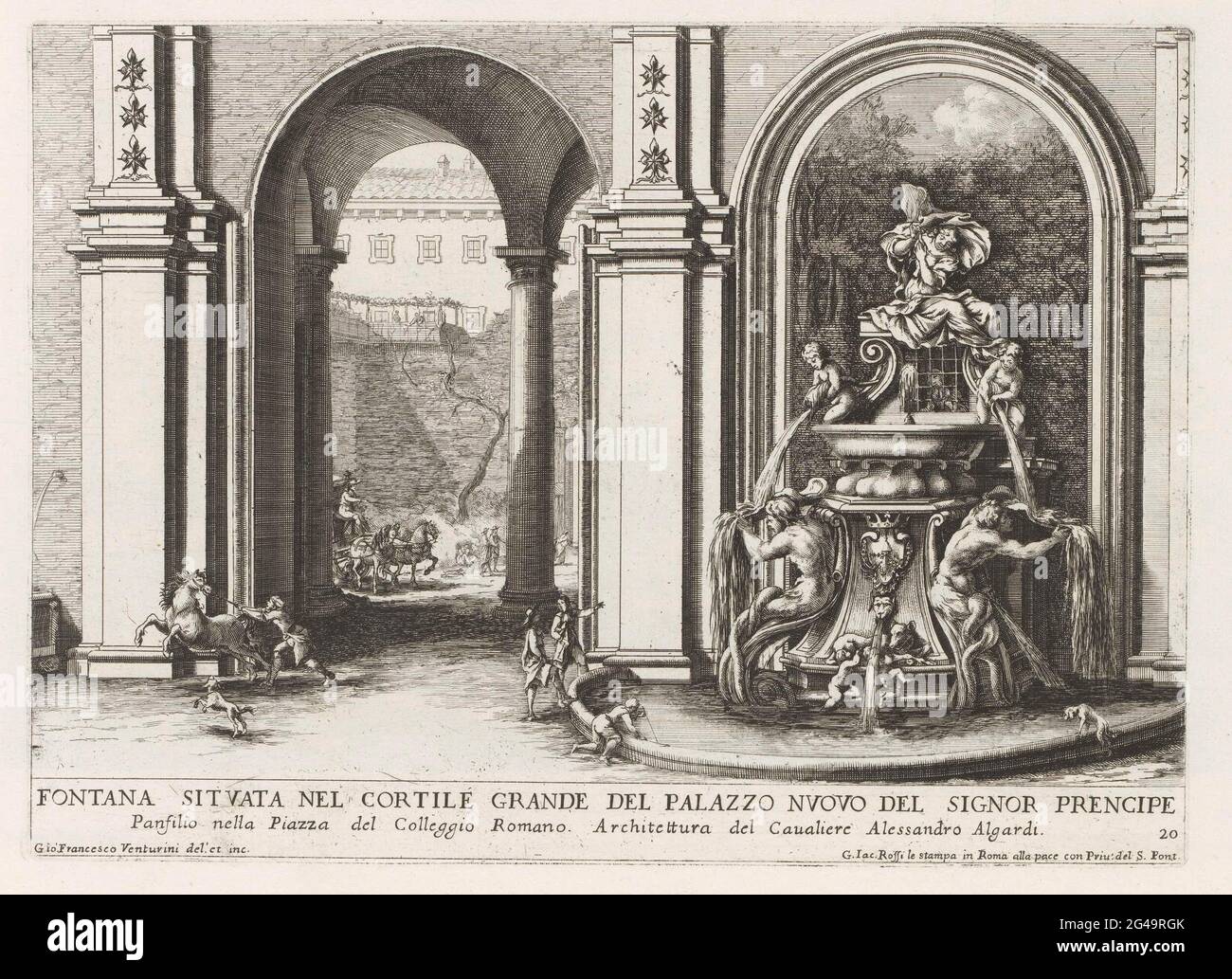 Fontaine dans une cour du Palazzo Doria Pamphill - Rome; Fontana situata Nel Cortile Grande del Palazzo Nuovo del Signor Prcipe (...); le Fontane ne Palazze E ne Giardini di Roma; Fontaines dans les palais et les jardins de Rome. Numéroté en bas à droite : 20. L'impression fait partie d'un album. Banque D'Images