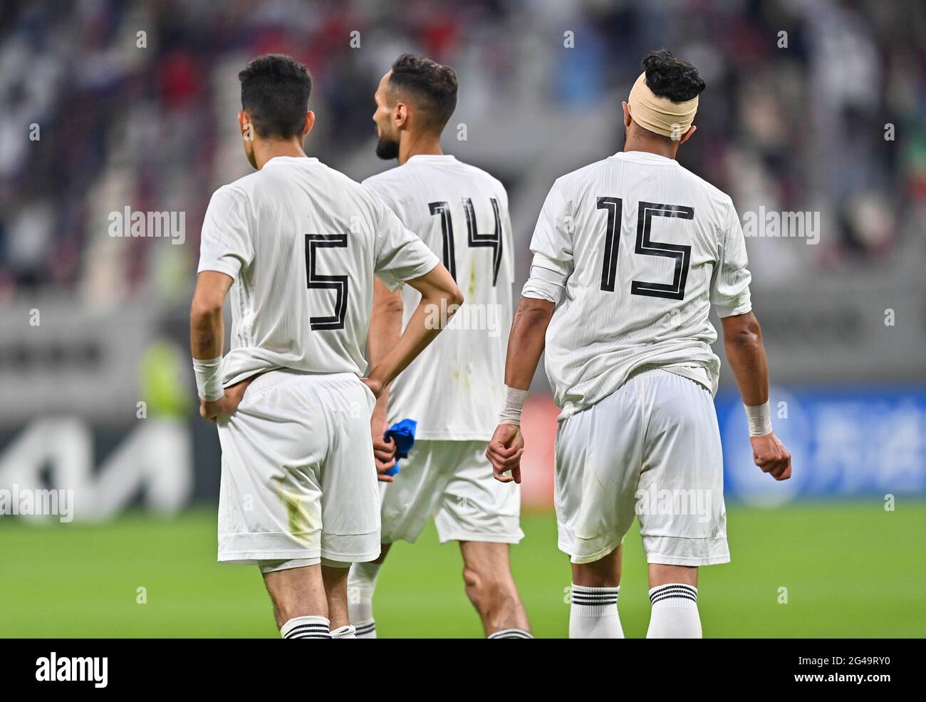 Doha, Qatar. 19 juin 2021. Les joueurs de Libye réagissent après le match de qualification de la coupe arabe de la FIFA au Qatar 2021 à Doha, au Qatar, le 19 juin 2021. Credit: Nikku /Xinhua/Alay Live News Banque D'Images