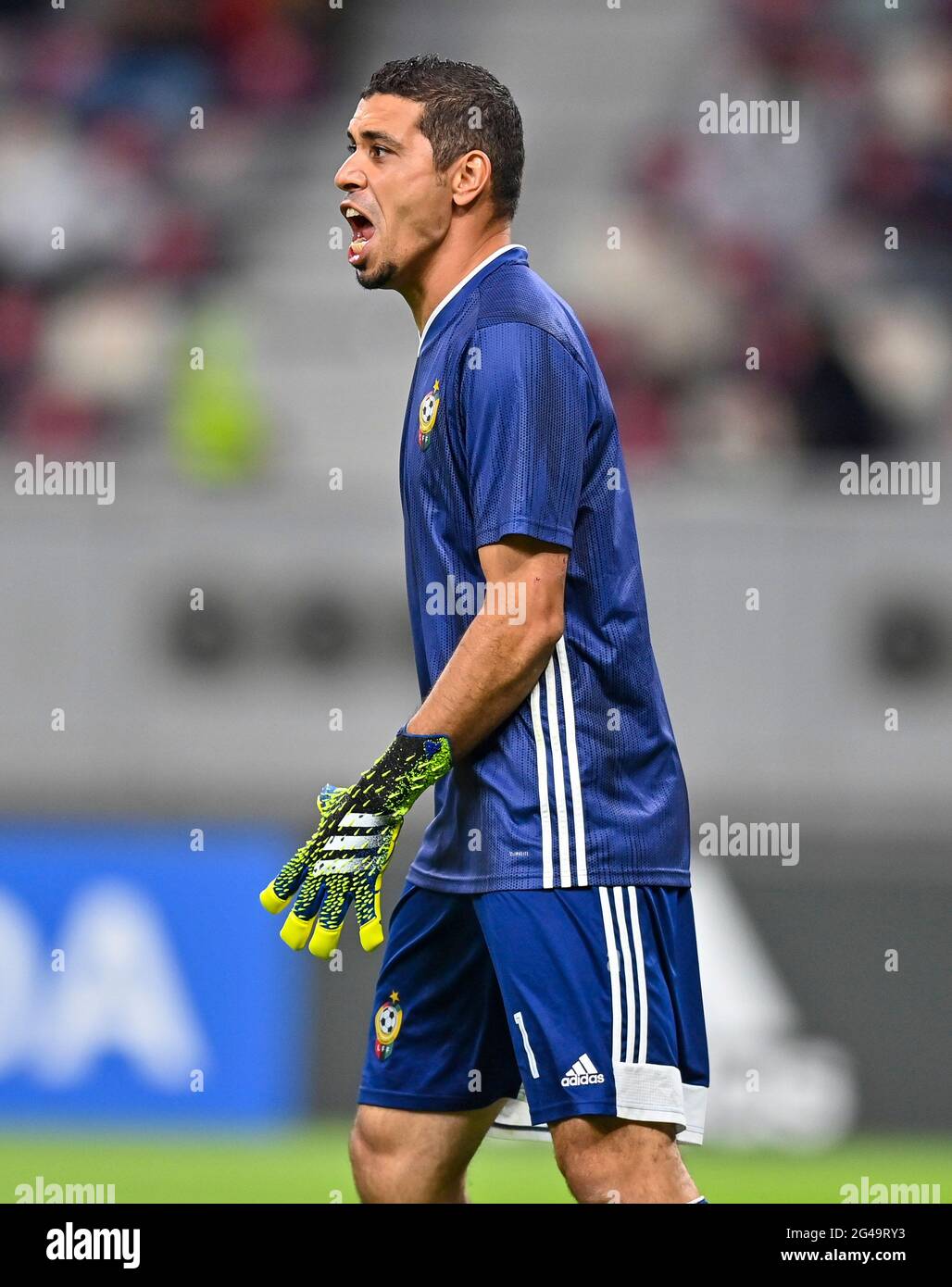 Doha, Qatar. 19 juin 2021. Le gardien de but libyen Mohamed Nashnush réagit lors de la coupe arabe de la FIFA, match de qualification du Qatar 2021 à Doha, Qatar, le 19 juin 2021. Credit: Nikku /Xinhua/Alay Live News Banque D'Images