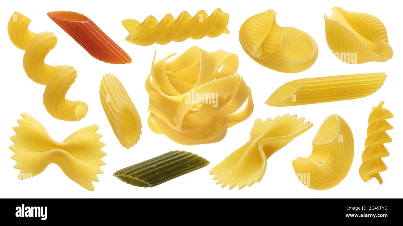 Collection de différents types de pâtes sèches isolées sur fond blanc Banque D'Images