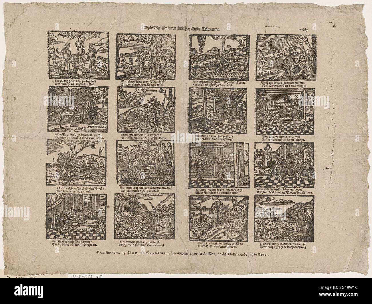 Figures bibliques de l'ancien Testament. Feuille avec 16 représentations d'histoires de l'ancien Testament, y compris Adam et Eve qui sont expulsés du Paradis et Abraham sacrifient qu'Isaac. Sous chaque image, un frais à deux pattes. Numéroté en haut à droite : * 67. Banque D'Images