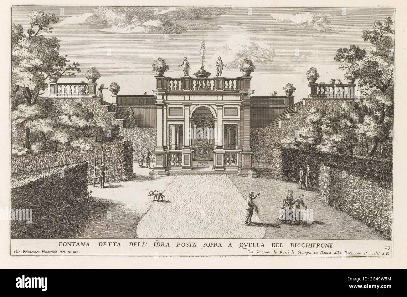 Fontaine dans les jardins de la villa d'Este à Tivoli; Fontana detta dell'idra Posta Sopra à Quella del Bicchierone; le Fontane del Giardino Estense à Tivoli; Fontaines dans les jardins de la villa d'Este à Tivoli. Numéroté en bas à droite : 17. L'impression fait partie d'un album. Banque D'Images