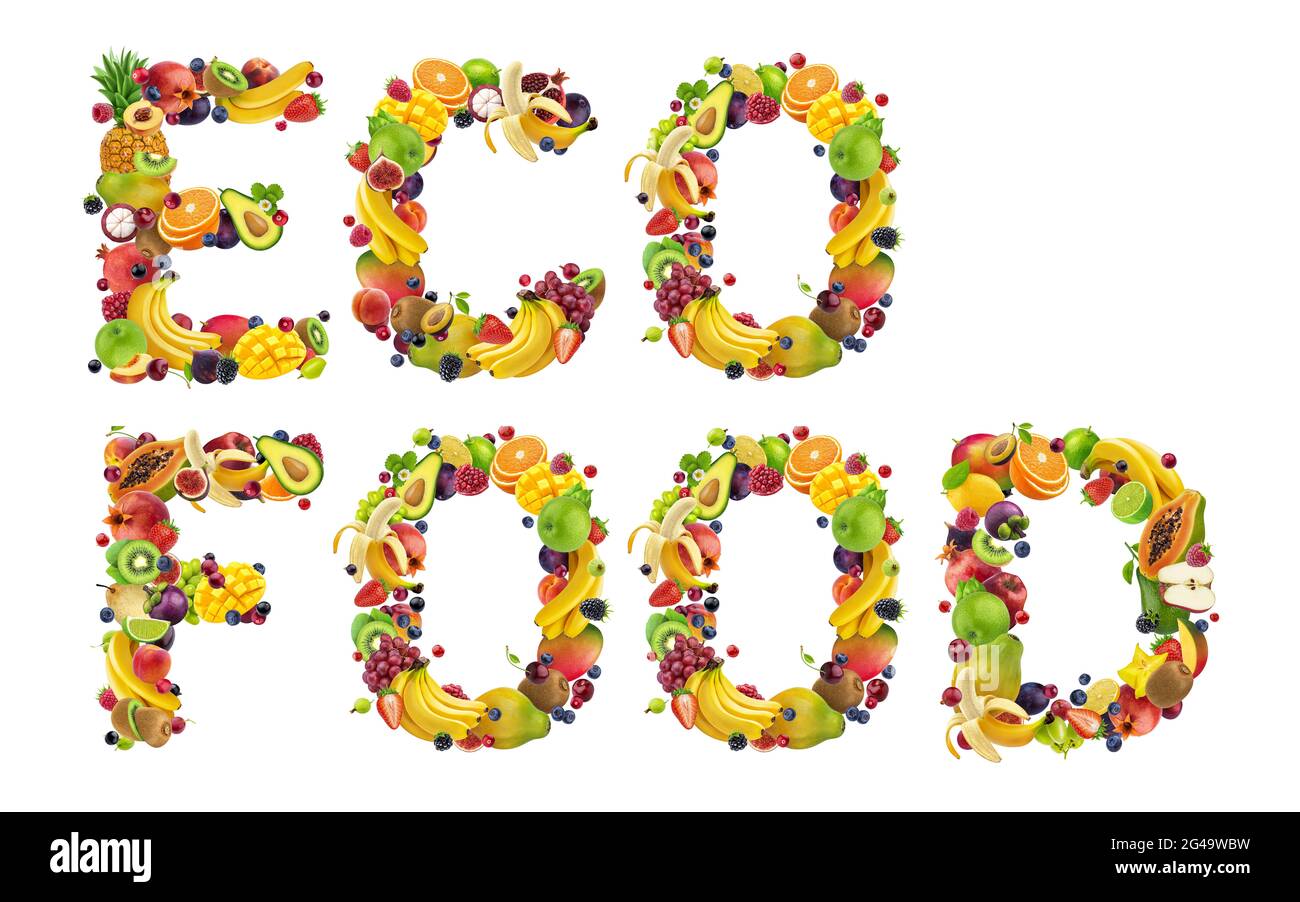 Mot ECO food fait de différents fruits et baies Banque D'Images