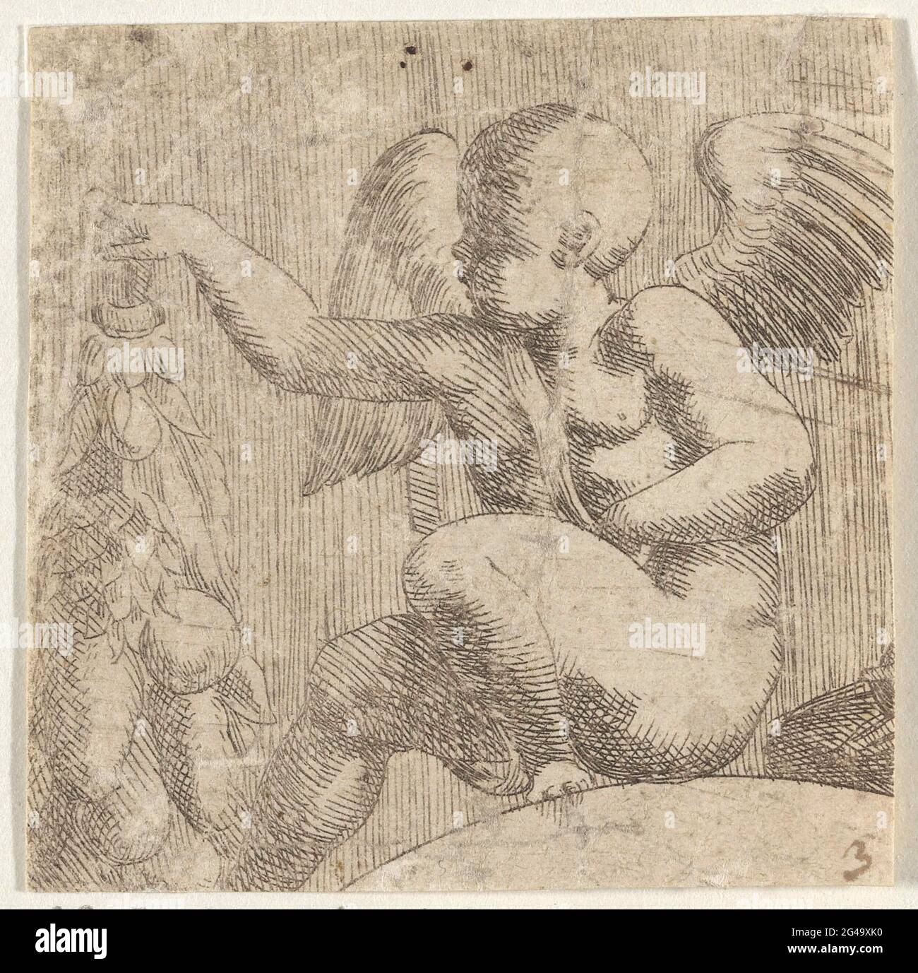Fragment de Jupiter transmet les trois déesses selon Paris; Putto avec bouquet de fruits, à gauche. . Banque D'Images