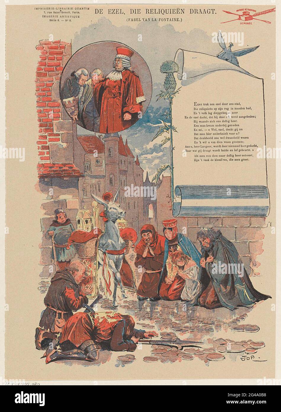 L'âne, qui porte la reliquité; la Fontaine Fabel; imagerie artistique / série 8. Feuille avec un grand spectacle de Jean de la Fontaine Fabel, de l'âne qui porte des reliques. Un âne court avec des reliques dans la rue, les spectateurs s'agenouillent. En haut à droite, un bloc de texte avec de nouvelles règles. Numéro en haut à gauche : série 8. - No 8. Banque D'Images