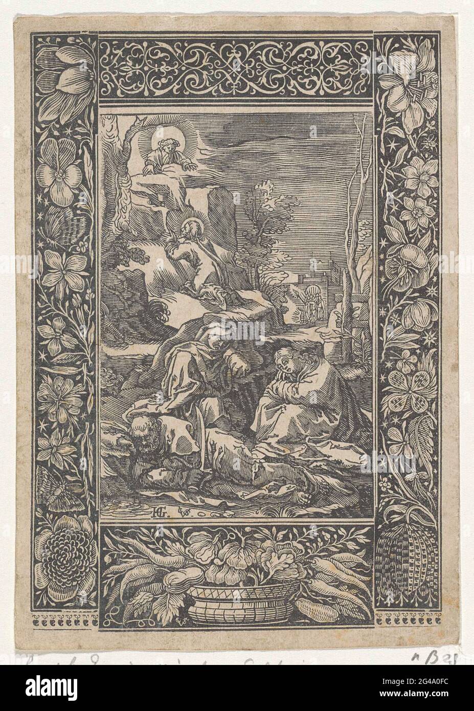 Christ dans le Hof van Getsemane. Christ prie dans la cour de Getsemane et demande à Dieu si cette coupe peut passer. Un ange lui présente la coupe. Petrus, Johannes et Jacobus dorment au premier plan. En arrière-plan, Judas mène un groupe de soldats à travers la porte intérieure. Complètement dans un cadre d'image ornementé avec des fleurs, des plantes et des insectes. Banque D'Images