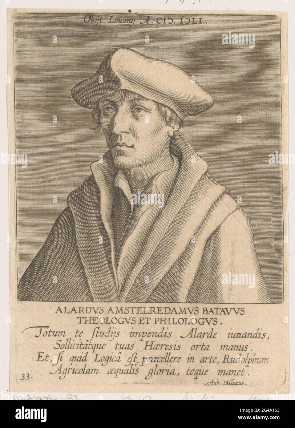 Portrait d'Allard van Amsterdam; portraits de savants néerlandais et flamands célèbres; Illustration Galliae Belgicae Scriptorum icones et elogi. Portrait d'Allard van Amsterdam. Le lieu du décès et le décès sont dans la marge supérieure. Dans le maître d'honneur son nom, ses professions et quatre lignes de texte latin. En bas à gauche : 33. Banque D'Images