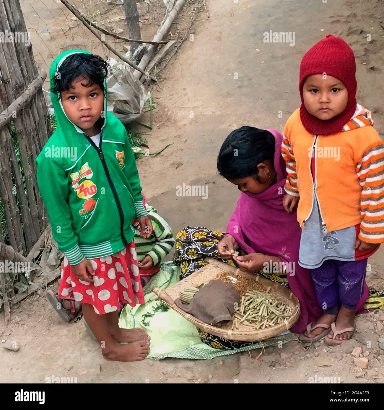 La vie de village avec une femme surveillée par deux enfants, rouler des cigarettes bidis, Bengale, Inde Banque D'Images