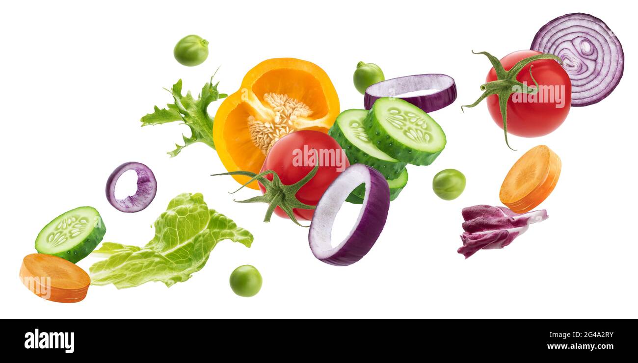 Légumes en chute libre, ingrédients de salade frais isolés sur fond blanc Banque D'Images