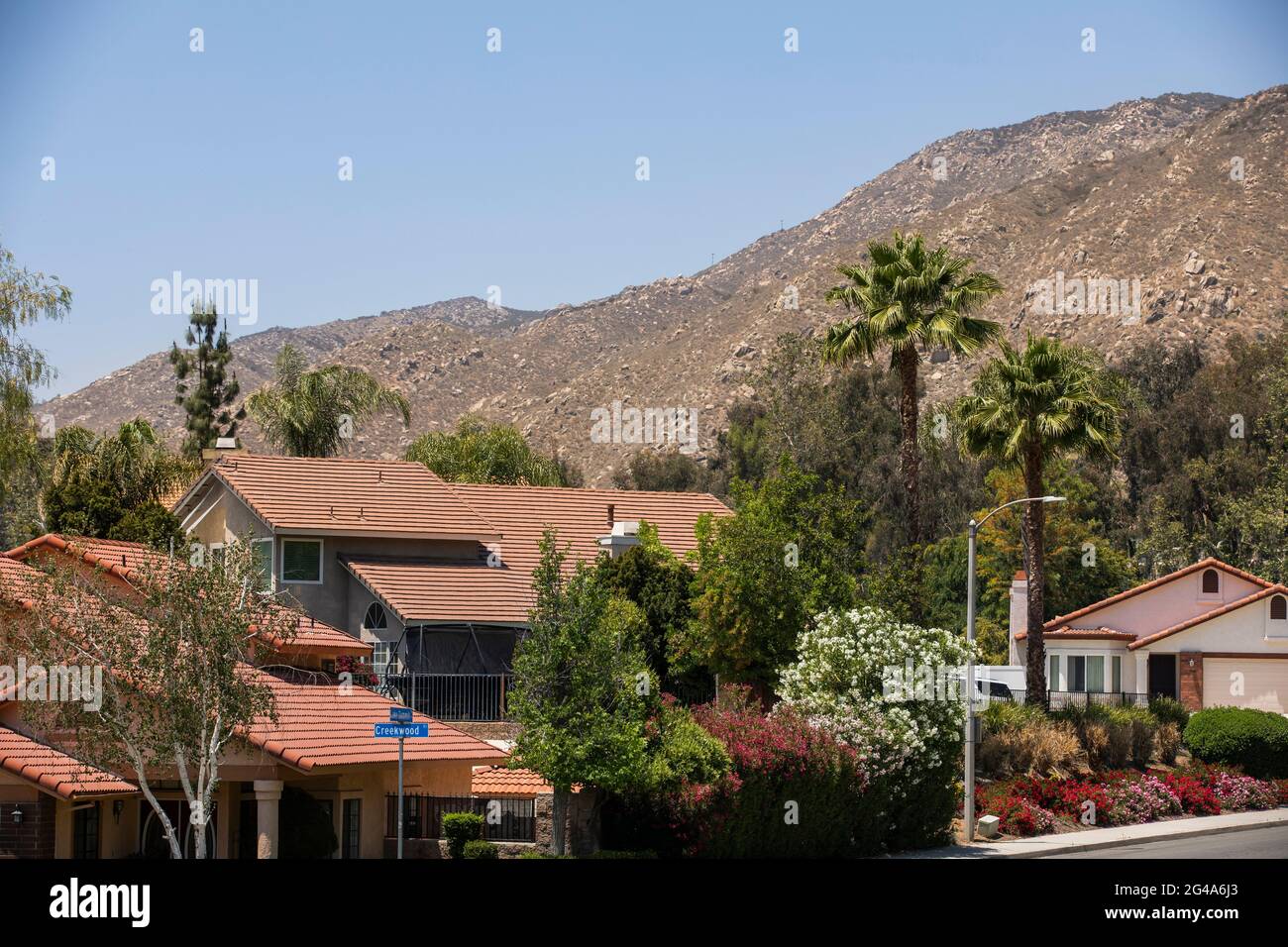 Vue de jour d'un quartier de banlieue de Moreno Valley, Californie, États-Unis. Banque D'Images