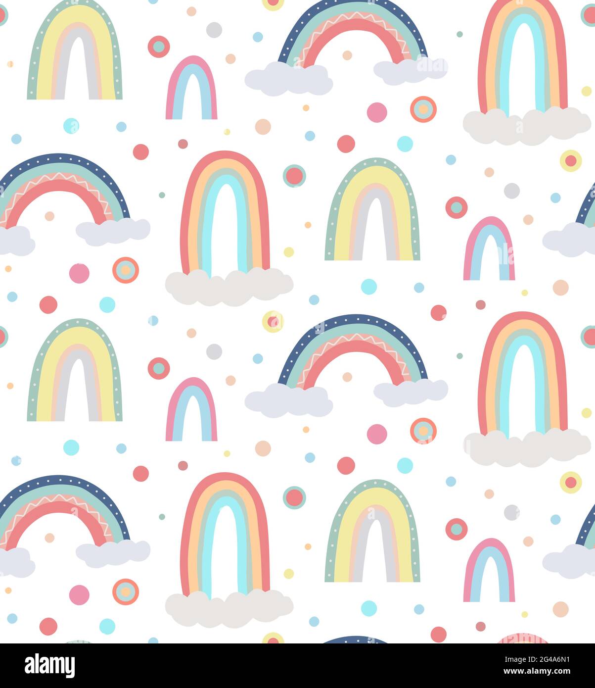 Joli motif puéril du ciel. Motif sans couture avec différents arcs-en-ciel, nuages et points. Papier peint vectoriel dans des couleurs pastel douces sur fond blanc Illustration de Vecteur