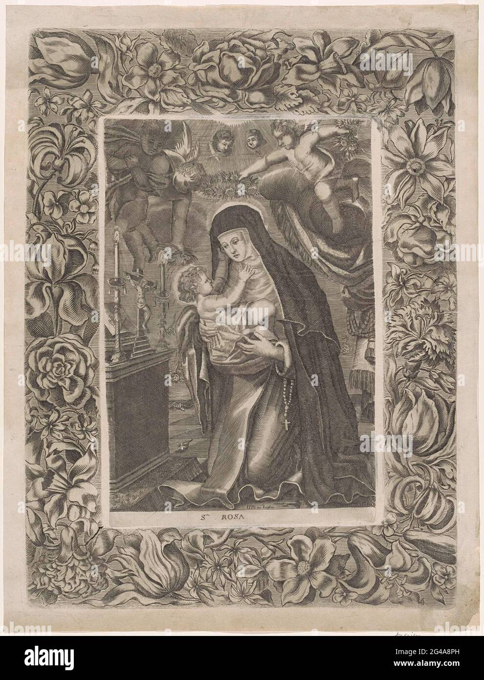 H. Rosa dans une table avec des fleurs. La Sainte Rosa de Lima avec l'enfant Christ dans ses bras, s'agenouillant devant un petit autel sur lequel un crucifix entre deux chandeliers avec des bougies allumées. Putti tient une couronne d'épines et de roses au-dessus de sa tête. Autour du spectacle une liste de fleurs. Banque D'Images