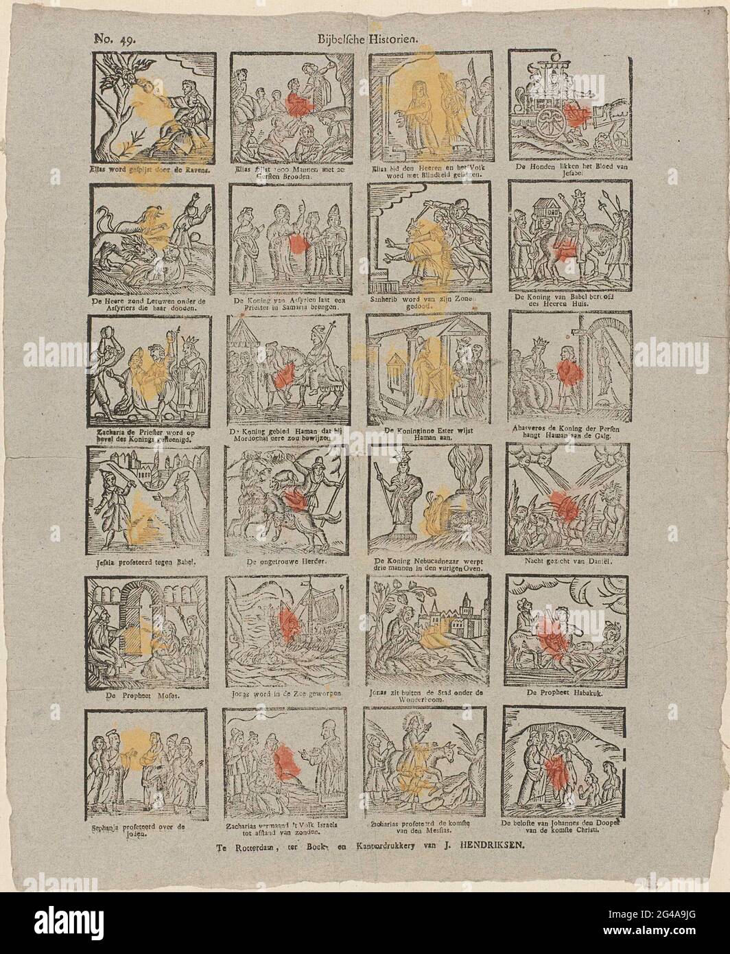 Histoires bibliques. Feuille avec 24 représentations de l'ancien Testament, comme les chiens qui léchent le sang d'Izebel, Sanherib tué par ses fils et le roi nebucadnessar qui jette trois hommes dans la volaille. Sous chaque image une légende. Numéro en haut à gauche : N° 49. Banque D'Images
