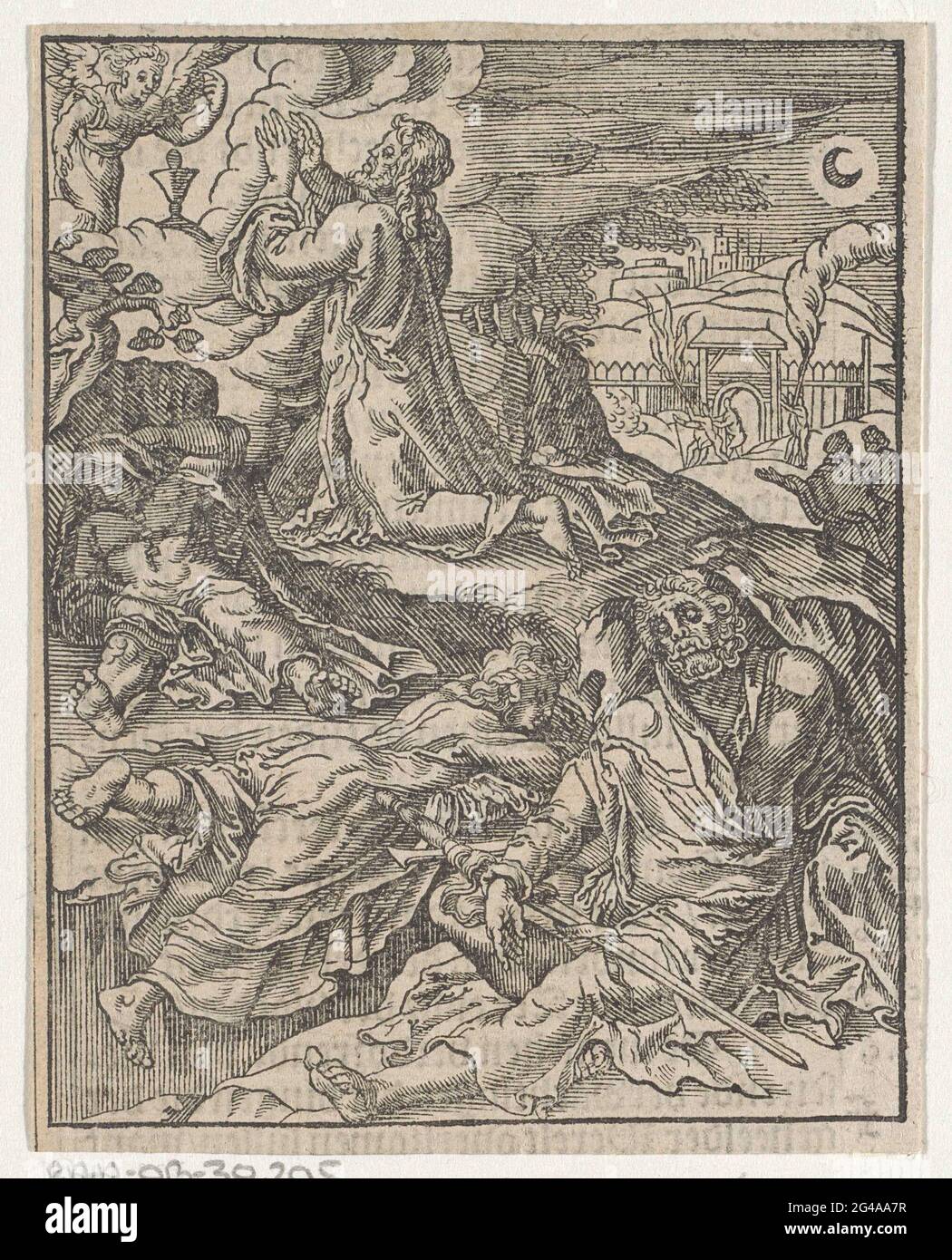 Christ dans le Hof van Getsemane. Christ prie dans la cour de Getsemane et demande à Dieu si cette coupe peut passer. Un ange lui présente la coupe. Petrus, Johannes et Jacobus dorment au premier plan. En arrière-plan, Judas mène un groupe de soldats à travers la porte intérieure. Banque D'Images