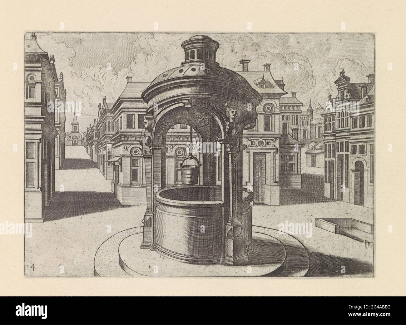 Puits d'eau rond avec marquise en pierre sur une place de la ville; puits  d'eau. Stadsplein avec un puits rond sous un dôme avec une lanterne. Le  dôme est basé sur trois