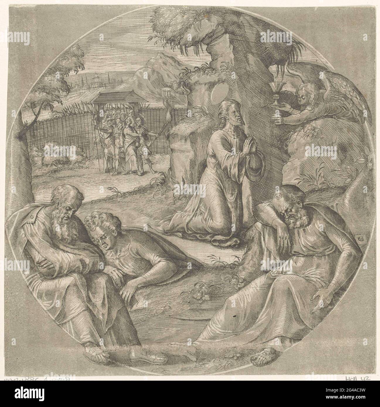 Christ sur le Mont ou olives. Christ prie dans la cour de Getsemane et demande à Dieu si cette coupe peut passer. Un ange lui présente la coupe. Petrus, Johannes et Jacobus dorment au premier plan. En arrière-plan, Judas mène un groupe de soldats à travers la porte intérieure. Entièrement dans un cadre circulaire. Banque D'Images