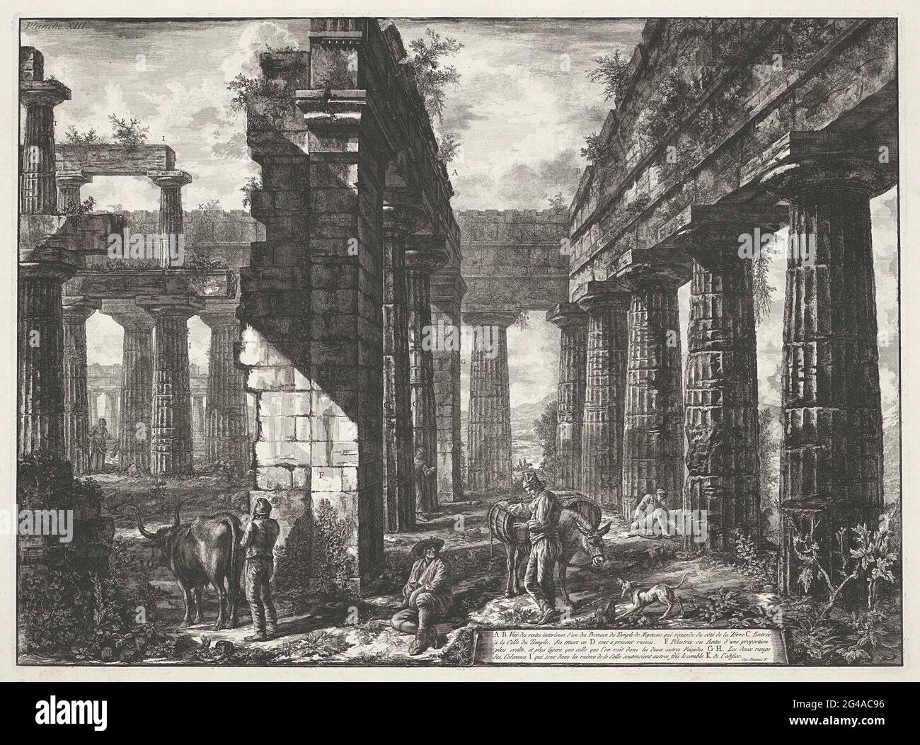 Temple de Neptune à Paestum; vues différentes sur les vestiges de trois grands bâtiments qui se trouvent encore à paestum; Différentes Vues de Quelques restaurants de trois grandes Edifes qui offrent encore la danse l'ancienne ville de Pesto. Vue sur les vestiges du Temple de Neptune à Paestum. Liste explicative des lettres sur le bandérole en bas à droite. Numéro en haut à gauche : tablette XIII Banque D'Images