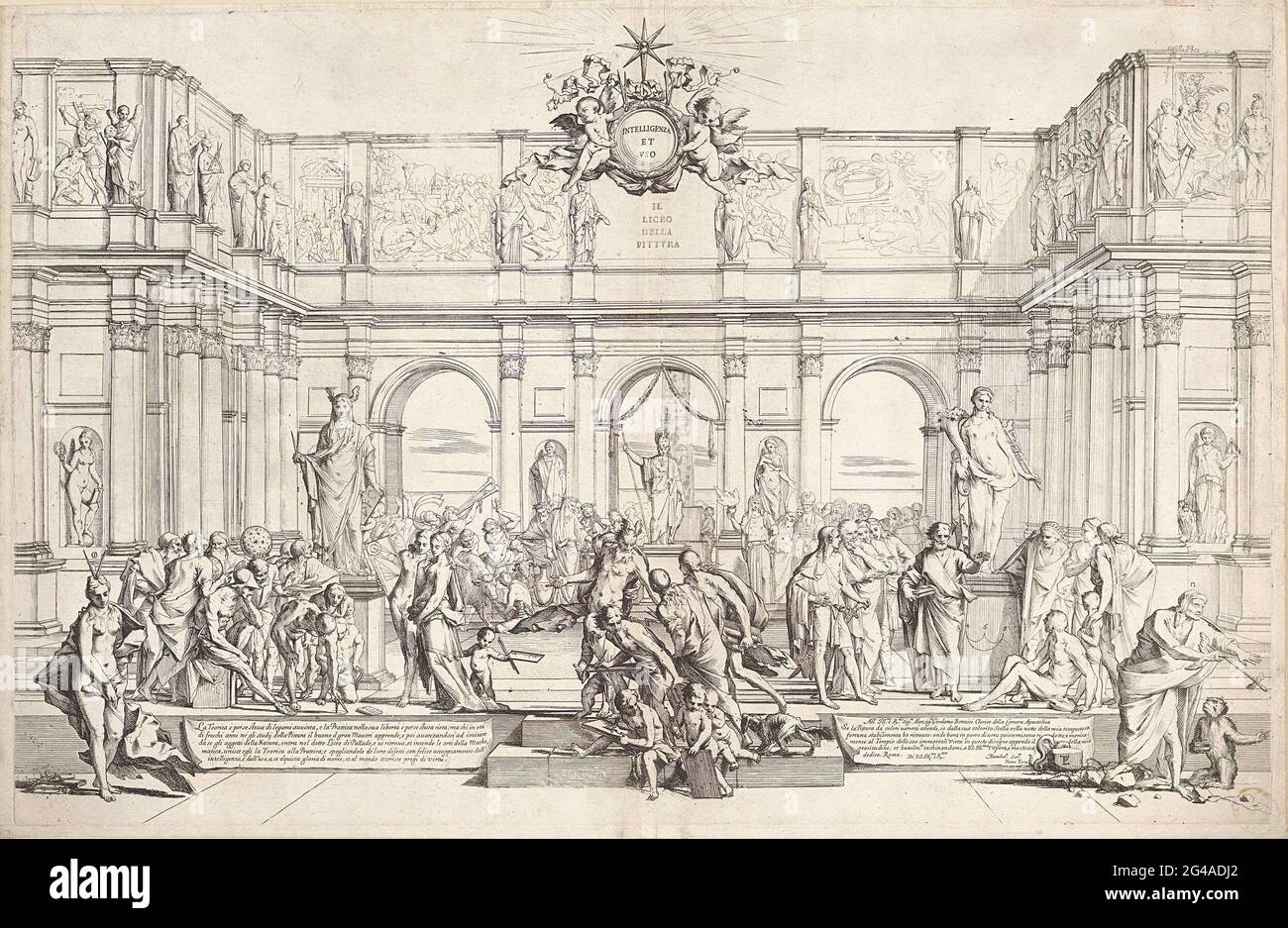 Académie de peinture; il Liceo della Pittura. Vue sur une cour avec trois groupes d'artistes représentant l'imitation, l'observation et la perfection. Les artistes apparaissent pour les scientifiques. Tout à gauche est la personnification de la théorie. Le droit complet est la personnification de la pratique avec un singe, symbole de l'im. Elle saisit les aveugles loin du spectacle. Il y a différentes sculptures entre les figures. Papiers de gauche et de bas à droite avec texte. Au milieu de deux putti portant un médaillon avec le texte: 'Intelligenza et UZO'. Banque D'Images