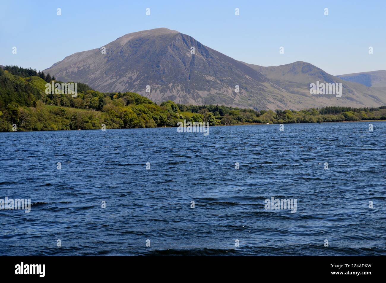 The Wainwrights Grasmoor & Whiteless Pike with Loweswater Lake from Holme Wood dans le parc national Lake District, Cumbria, Angleterre, Royaume-Uni. Banque D'Images