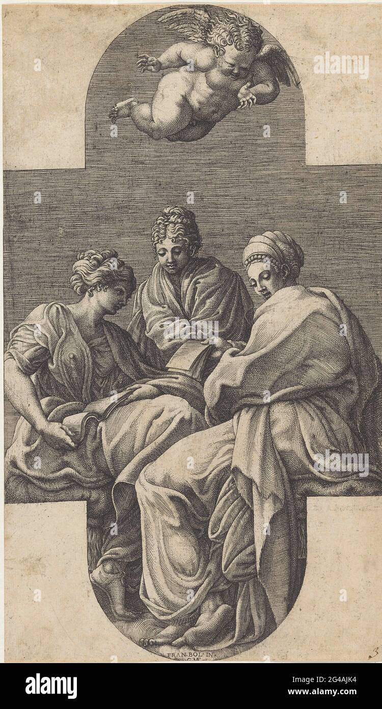 Trois muses et un puto gestant; peintures au plafond dans la galerie d'ulysse à Fontainebleau. Trois muses assises. Ci-dessus, un puto gesturant flotte. Banque D'Images