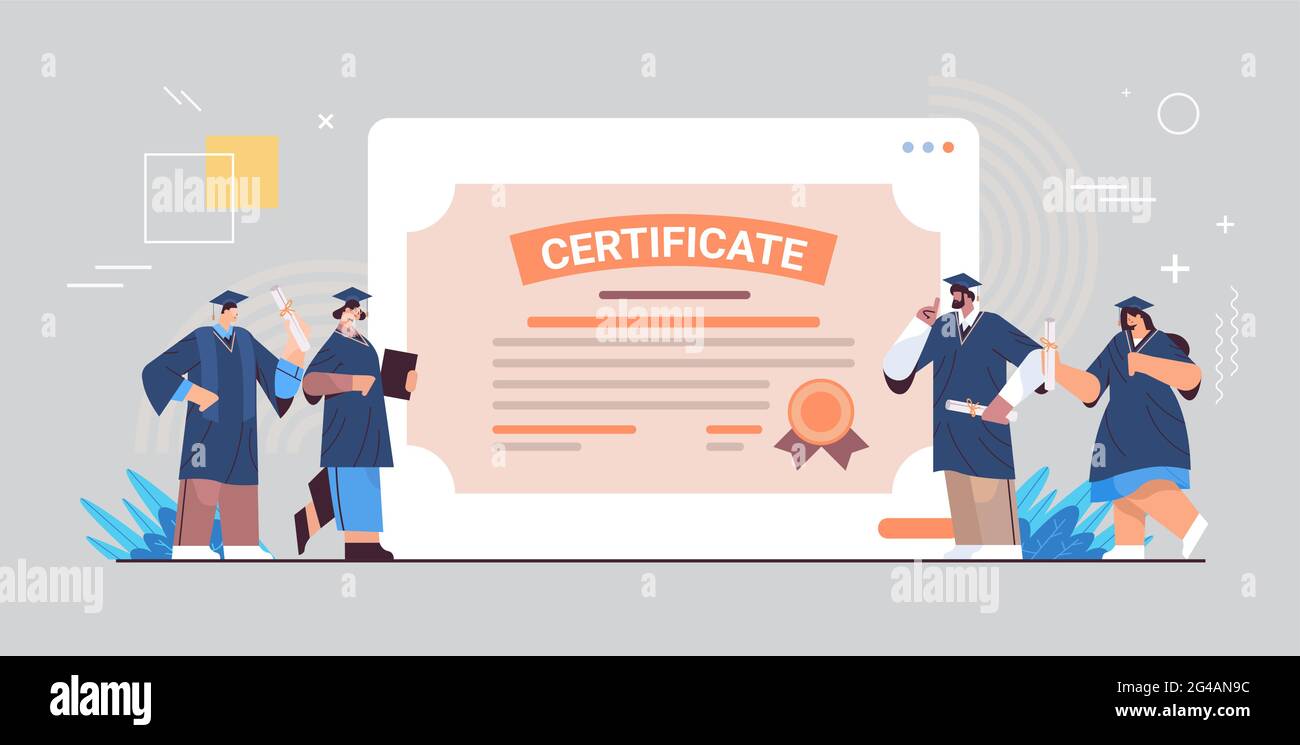 étudiants diplômés debout ensemble près des diplômés de certificat célébrant le diplôme universitaire Illustration de Vecteur