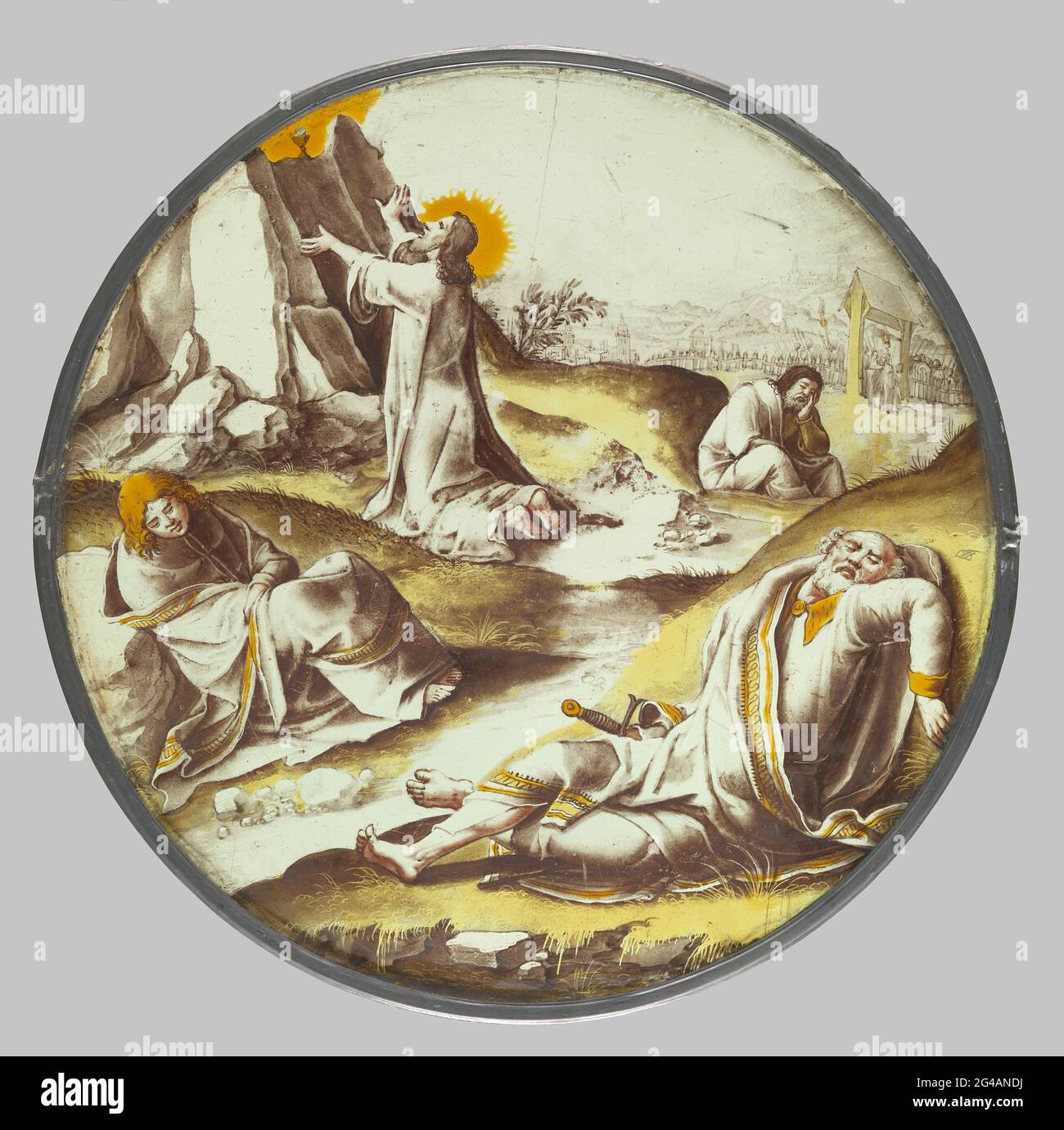 Jésus dans le jardin des olives. Diamant rond. Les trois apôtres qui accompagnent Jésus. Peter est au premier plan, à gauche, John et le James arrière droit sont situés. Jésus s'agenouille juste devant un rocher avec un calice qui remonte à la citation de la Bible: 'Mon père, si c'est possible, laissez cette coupe ignorer.' En arrière-plan, les soldats sont à la recherche de Jésus pour le faire emprisonner. Banque D'Images