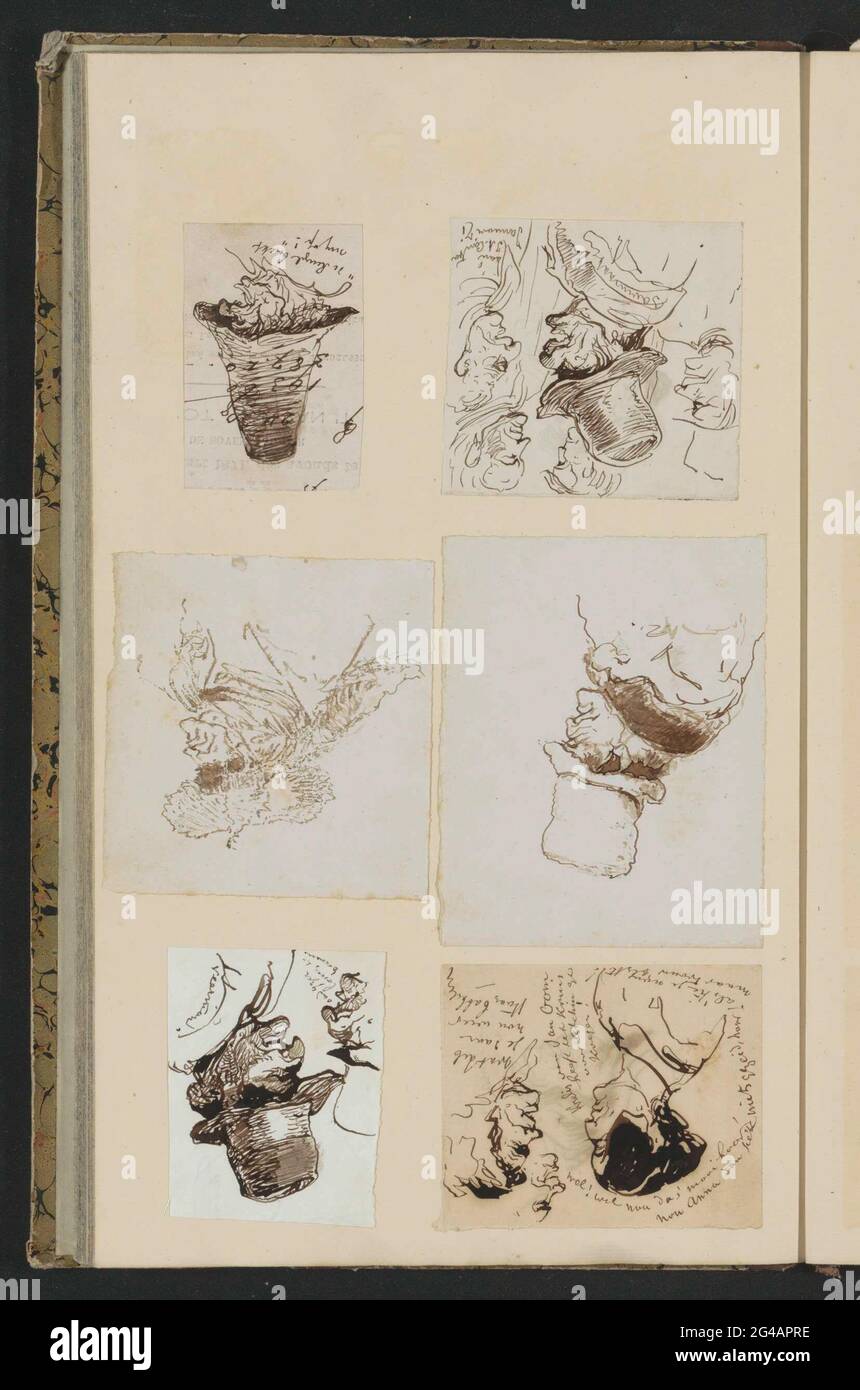 Têtes de caricaturales. Six croquis slined avec caricatures d'hommes et de femmes. Probablement Tavenraat a envoyé ceci à Canta. Études de la tête des hommes également sur le côté verso des esquisses en haut à gauche et en bas à gauche. Leaf 42 Verso d'un carnet de croquis et d'un album de 59 feuilles. Banque D'Images
