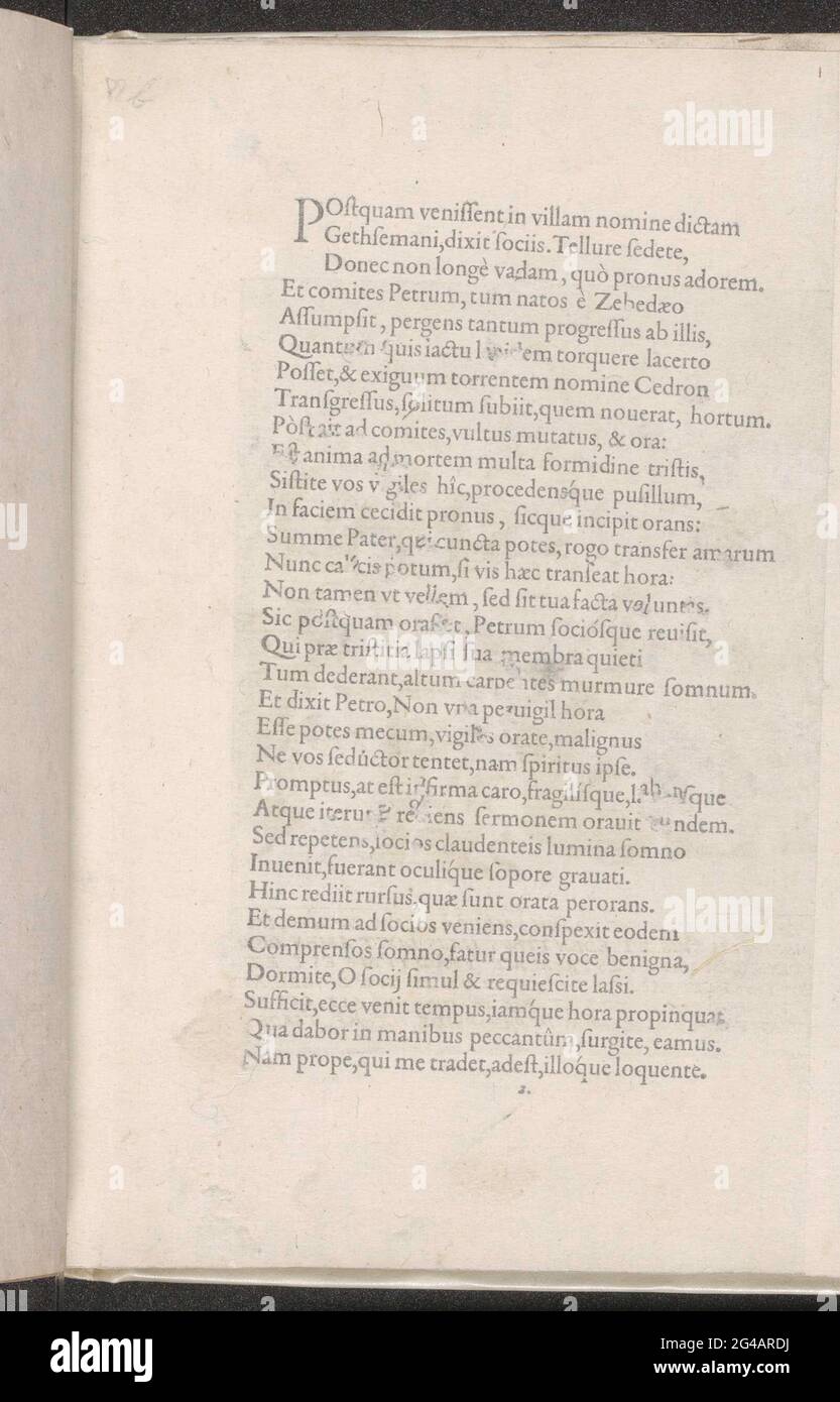 Texte sur le Christ dans la cour de Getemane; passion du Christ; Mnimata Dominicae Passionis Historiam Necisque Nostrae mortem complexa. Texte en latin dans un imprimé avec une représentation du Christ dans la cour de Getsemane dans une série sur la passion du Christ. Ce magazine fait partie d'un album. Banque D'Images
